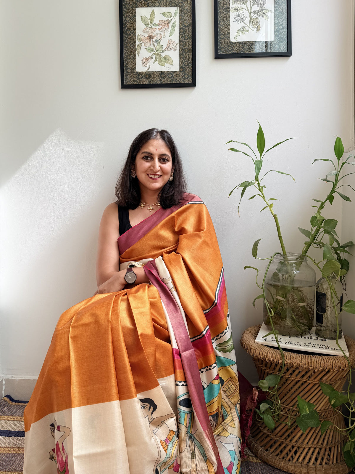 Tribal Orange Painted Tussar Saree