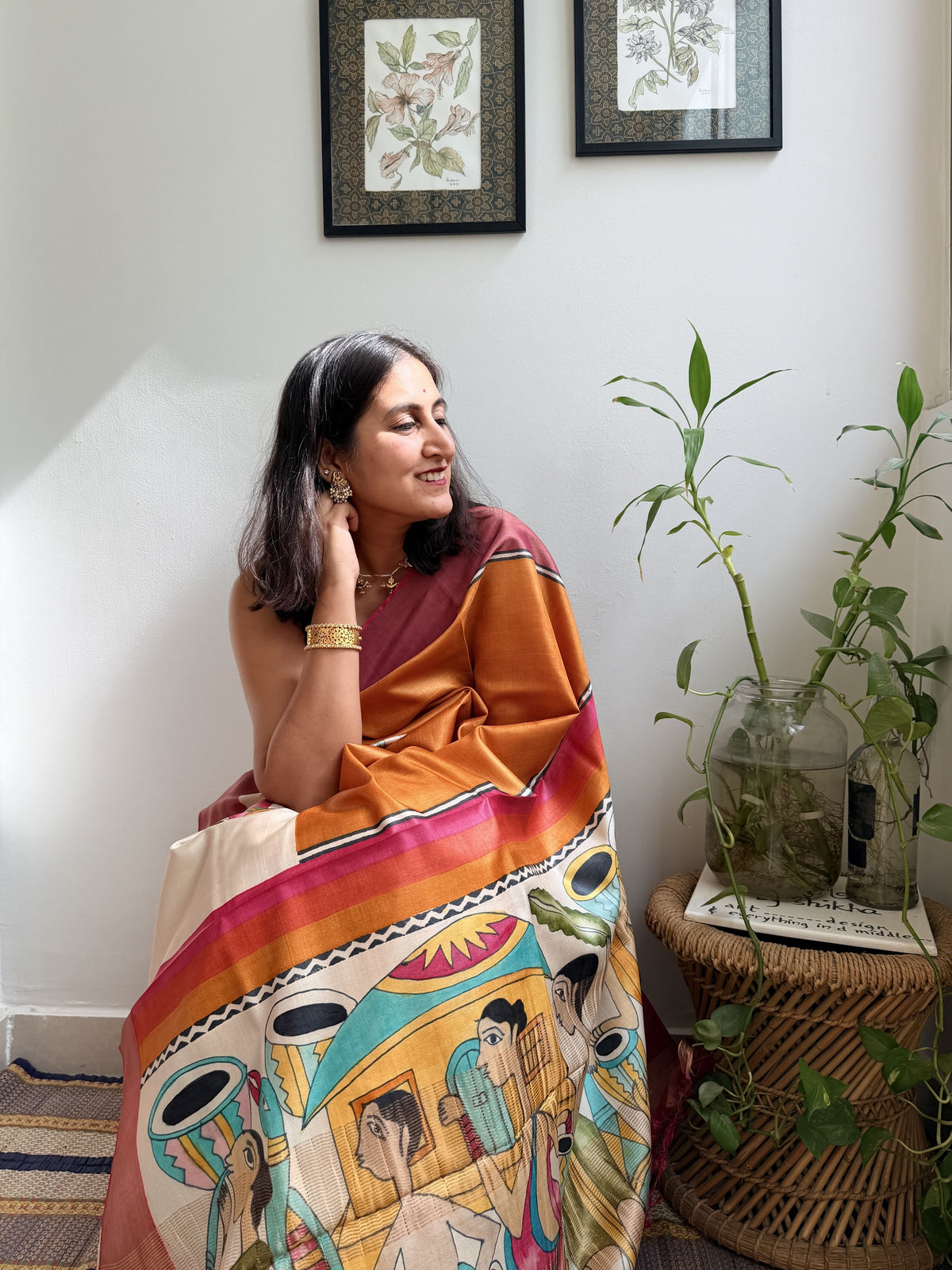 Tribal Orange Painted Tussar Saree