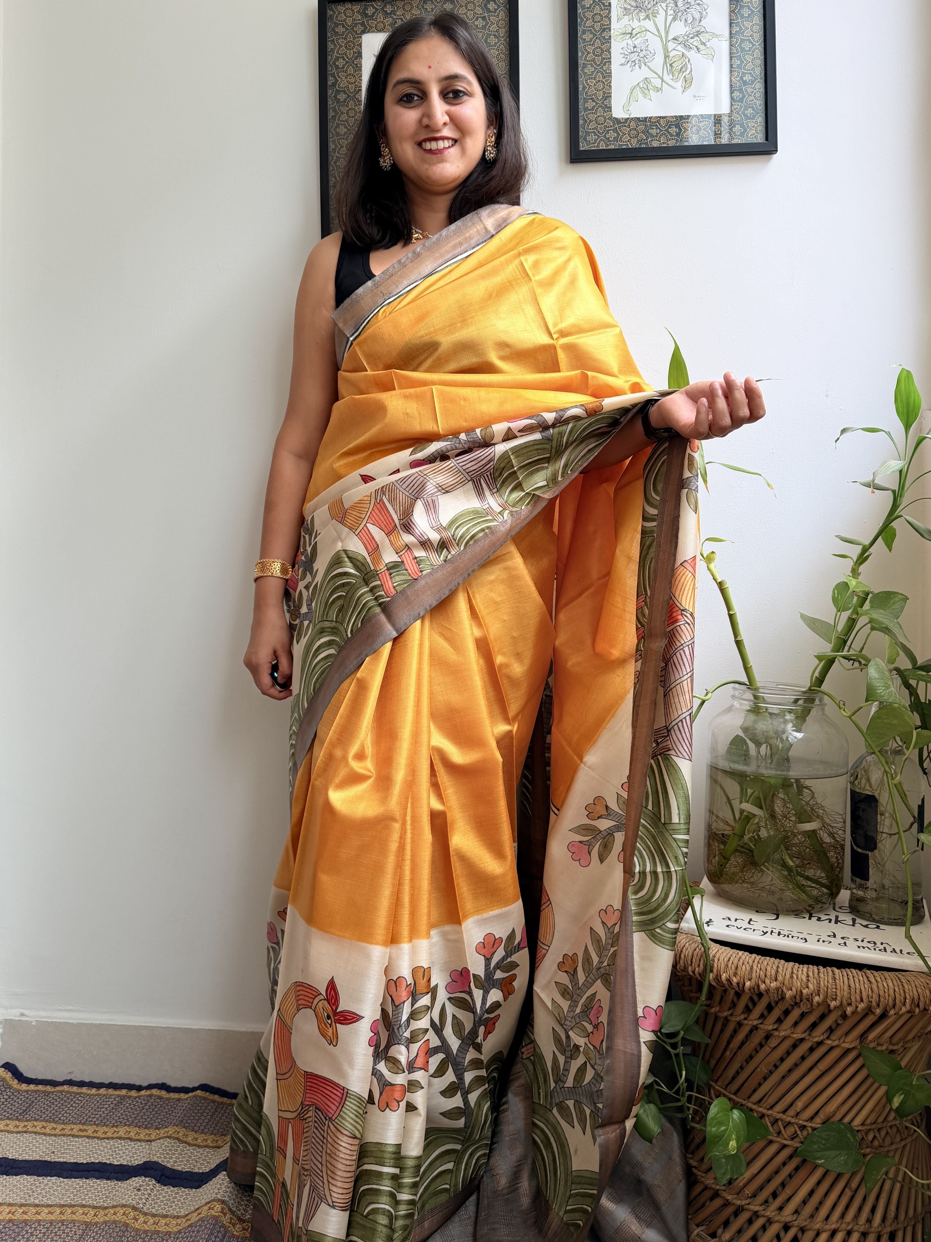 Aranya Yellow Painted Tussar Saree