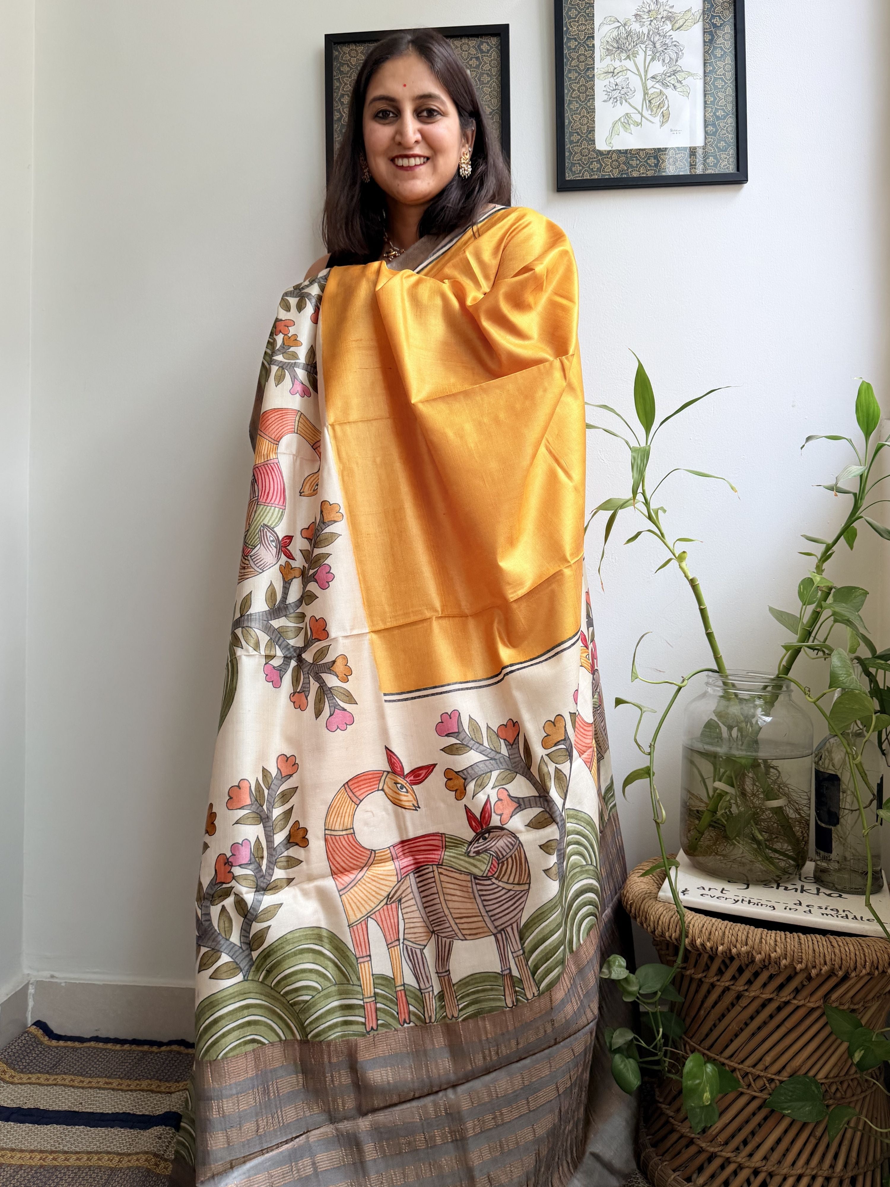 Aranya Yellow Painted Tussar Saree