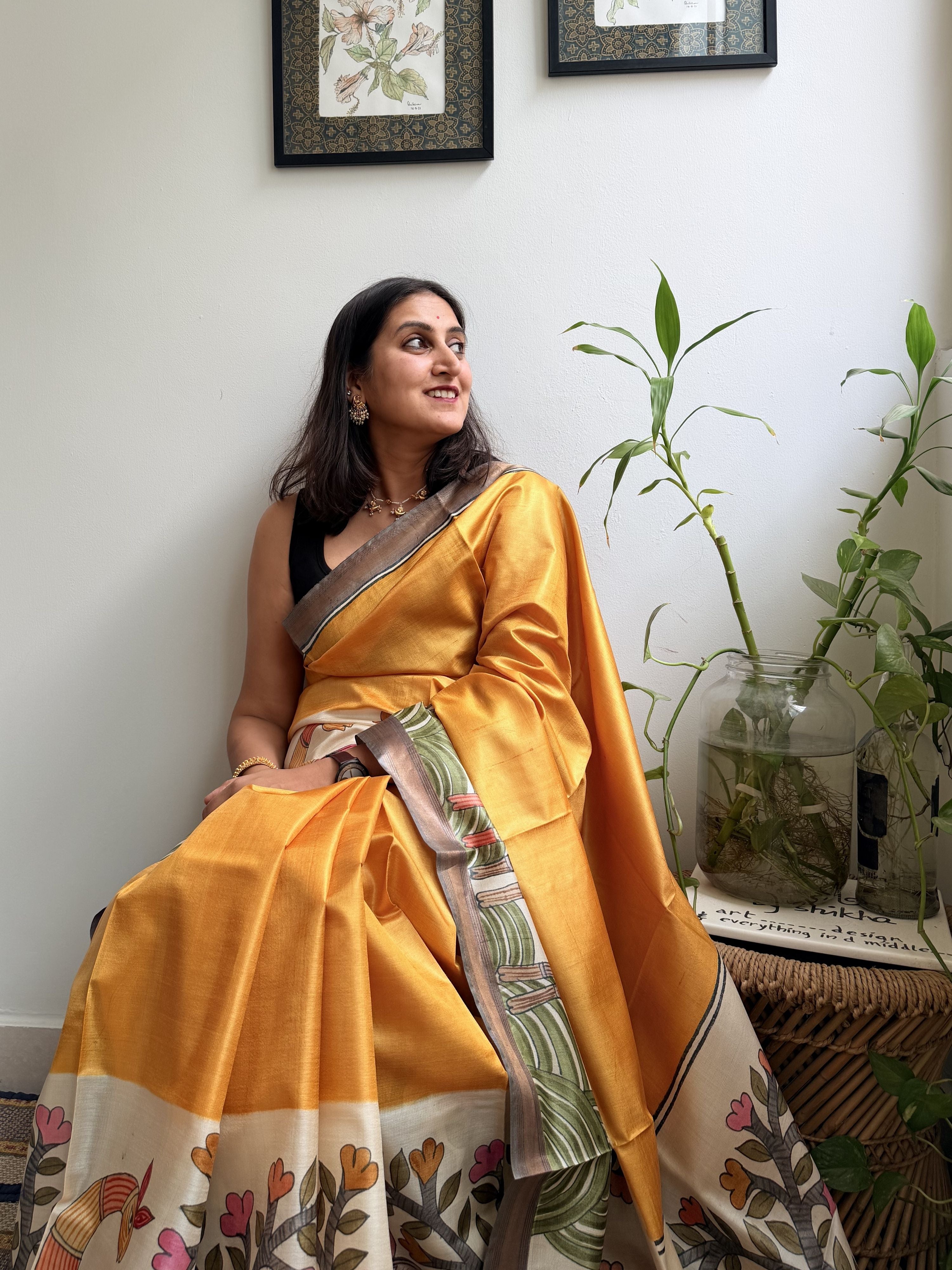 Aranya Yellow Painted Tussar Saree