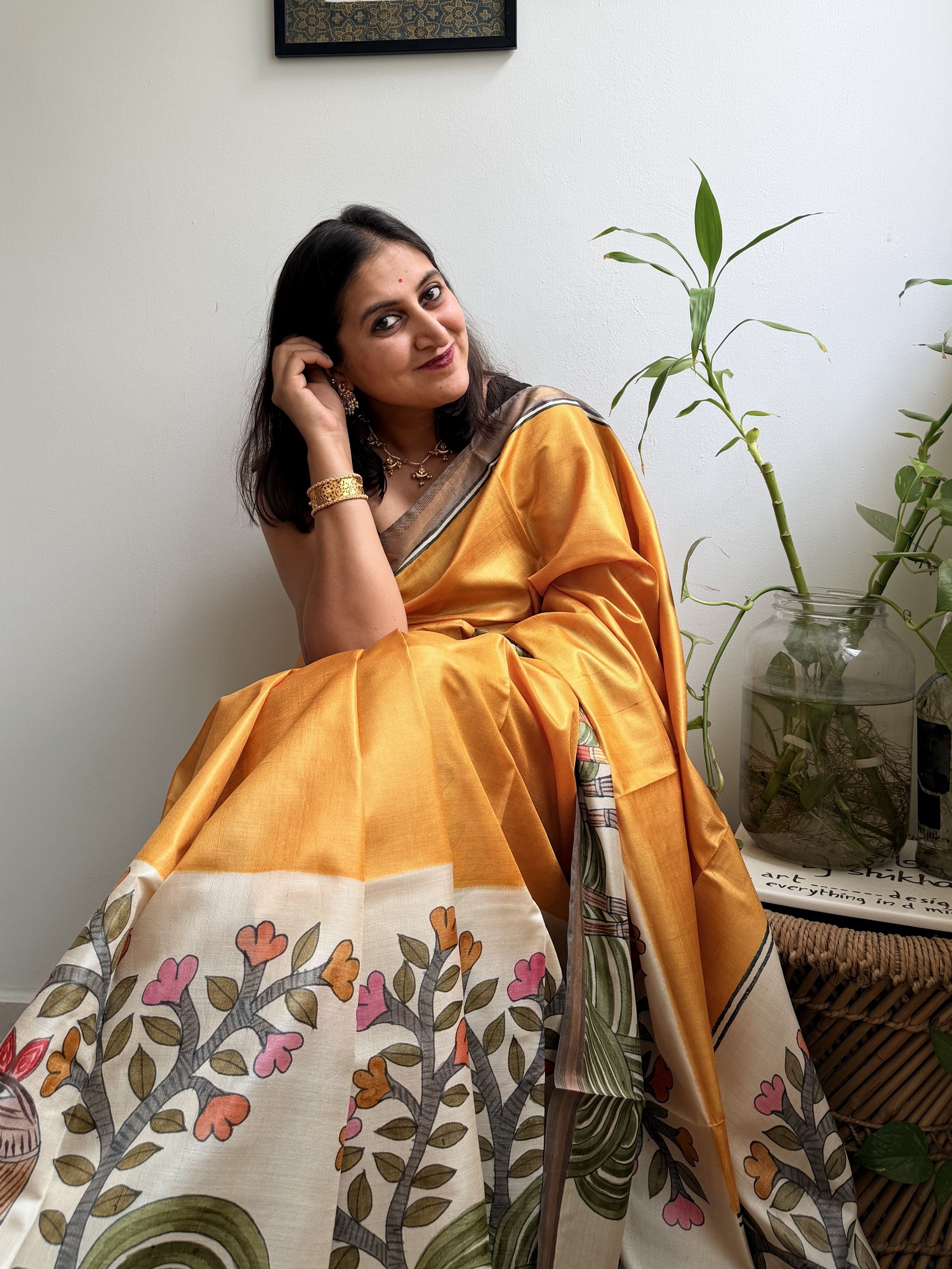Aranya Yellow Painted Tussar Saree