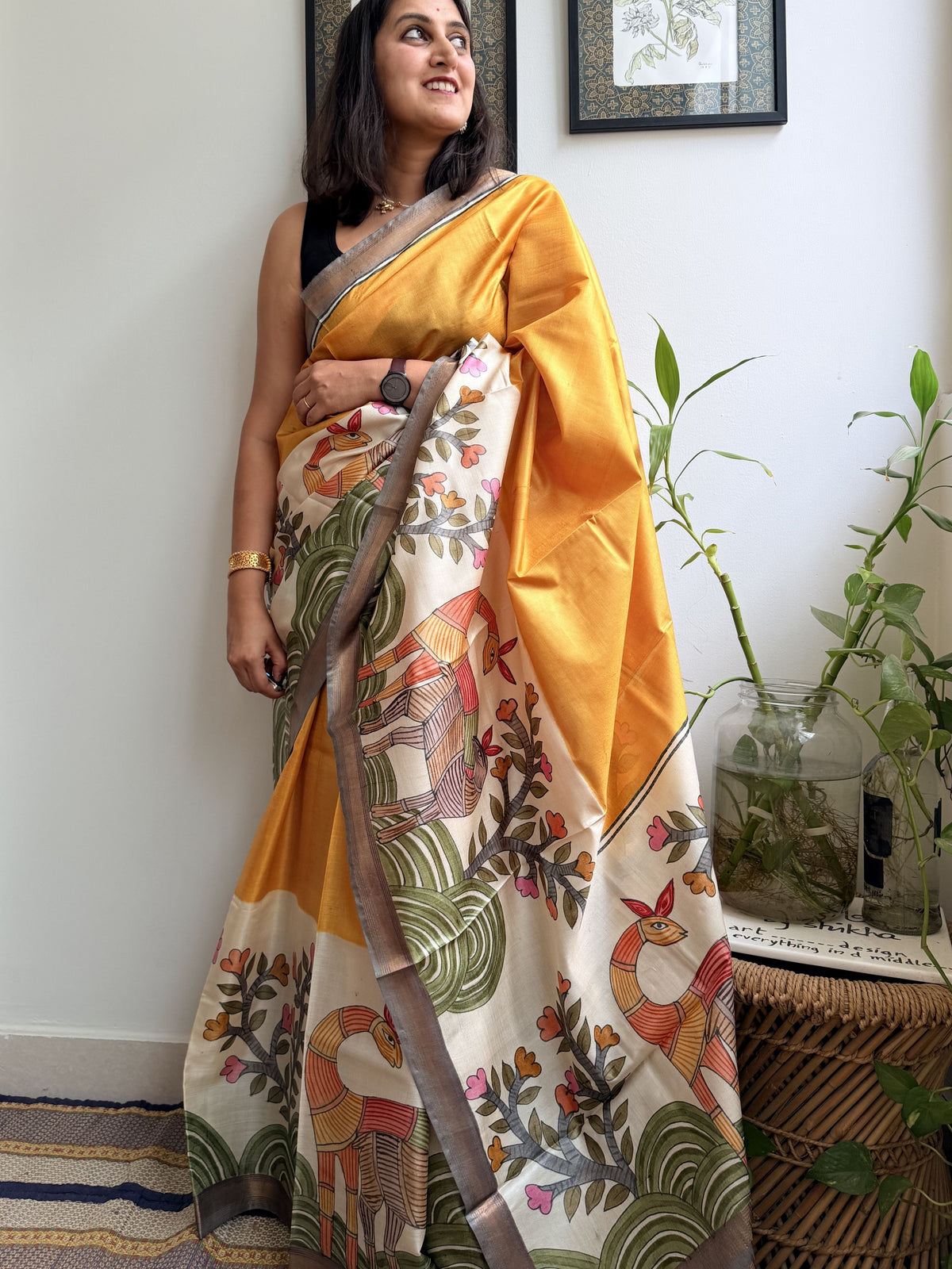 Aranya Yellow Painted Tussar Saree