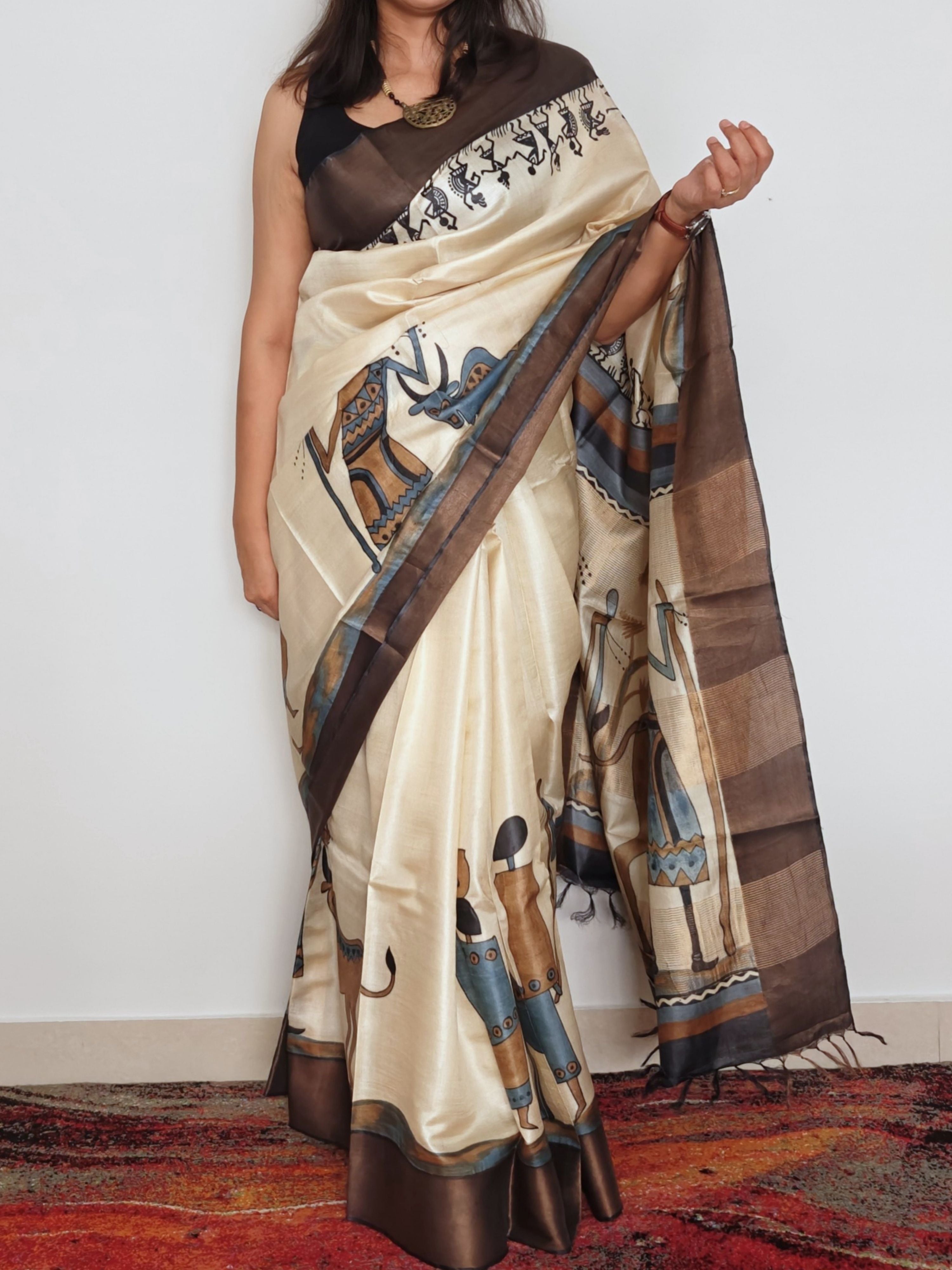 Tribal Painted Tussar Saree Beige