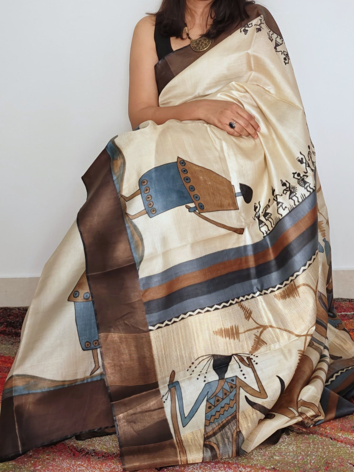 Tribal Painted Tussar Saree Beige