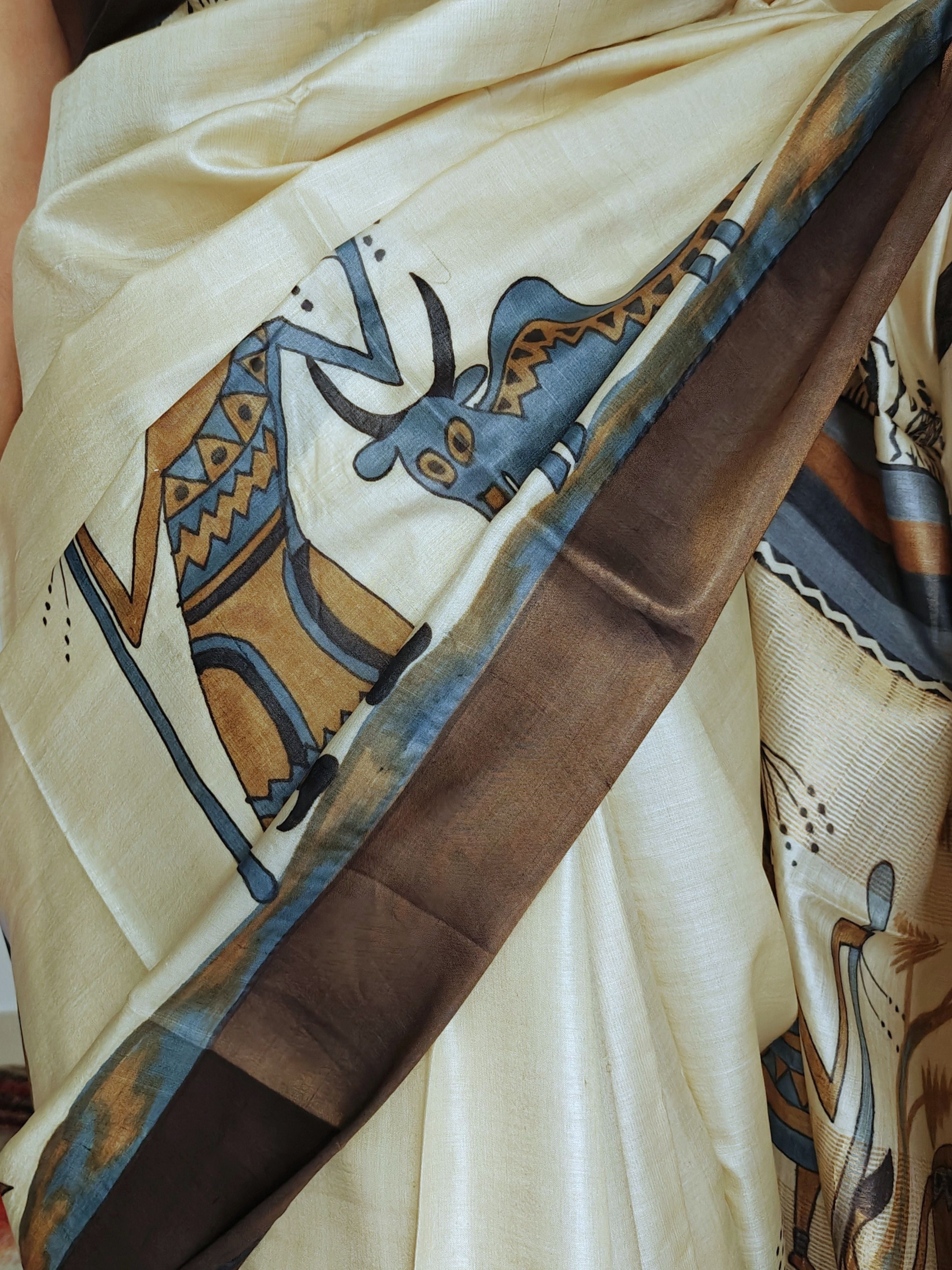 Tribal Painted Tussar Saree Beige