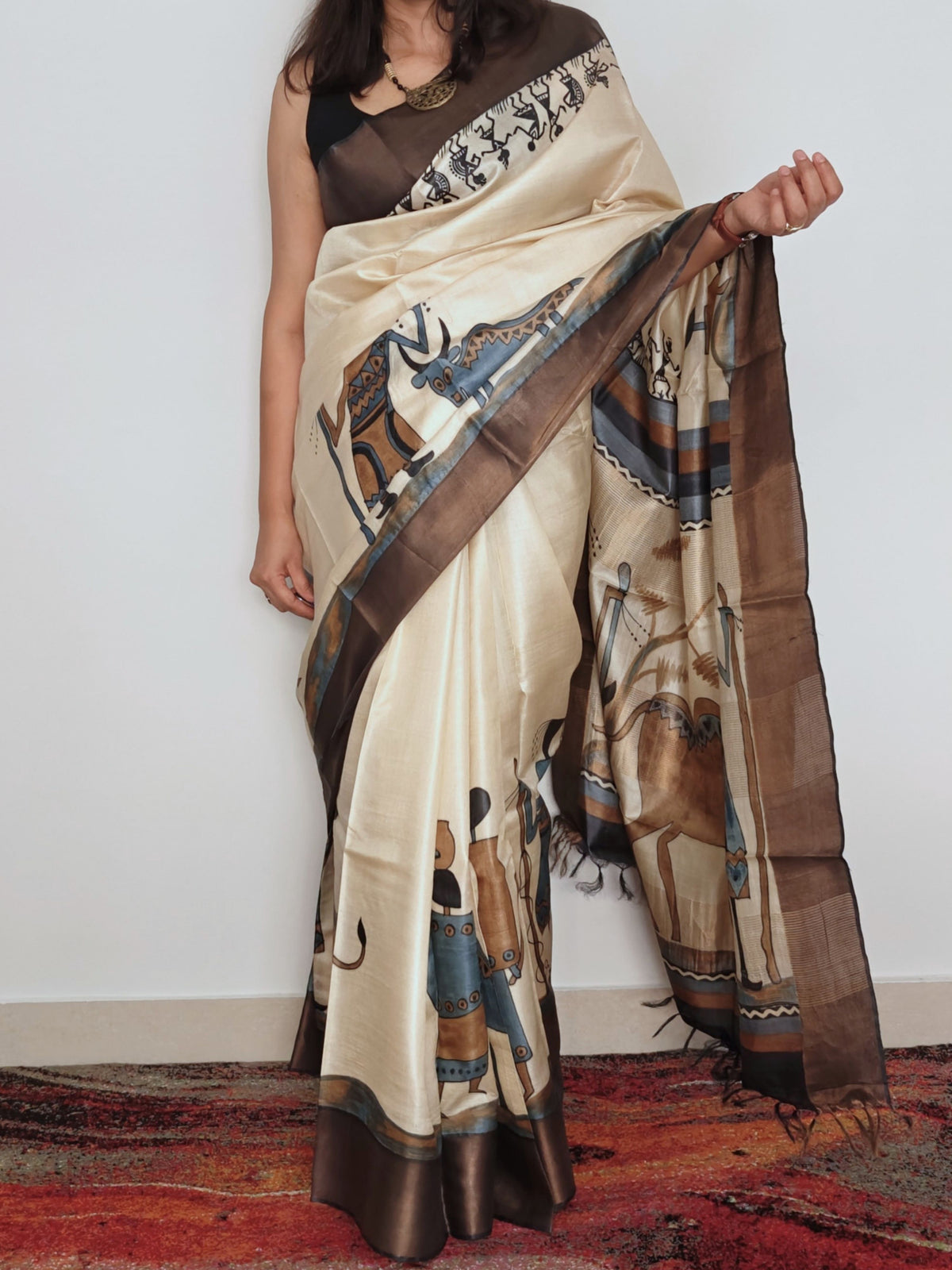 Tribal Painted Tussar Saree Beige