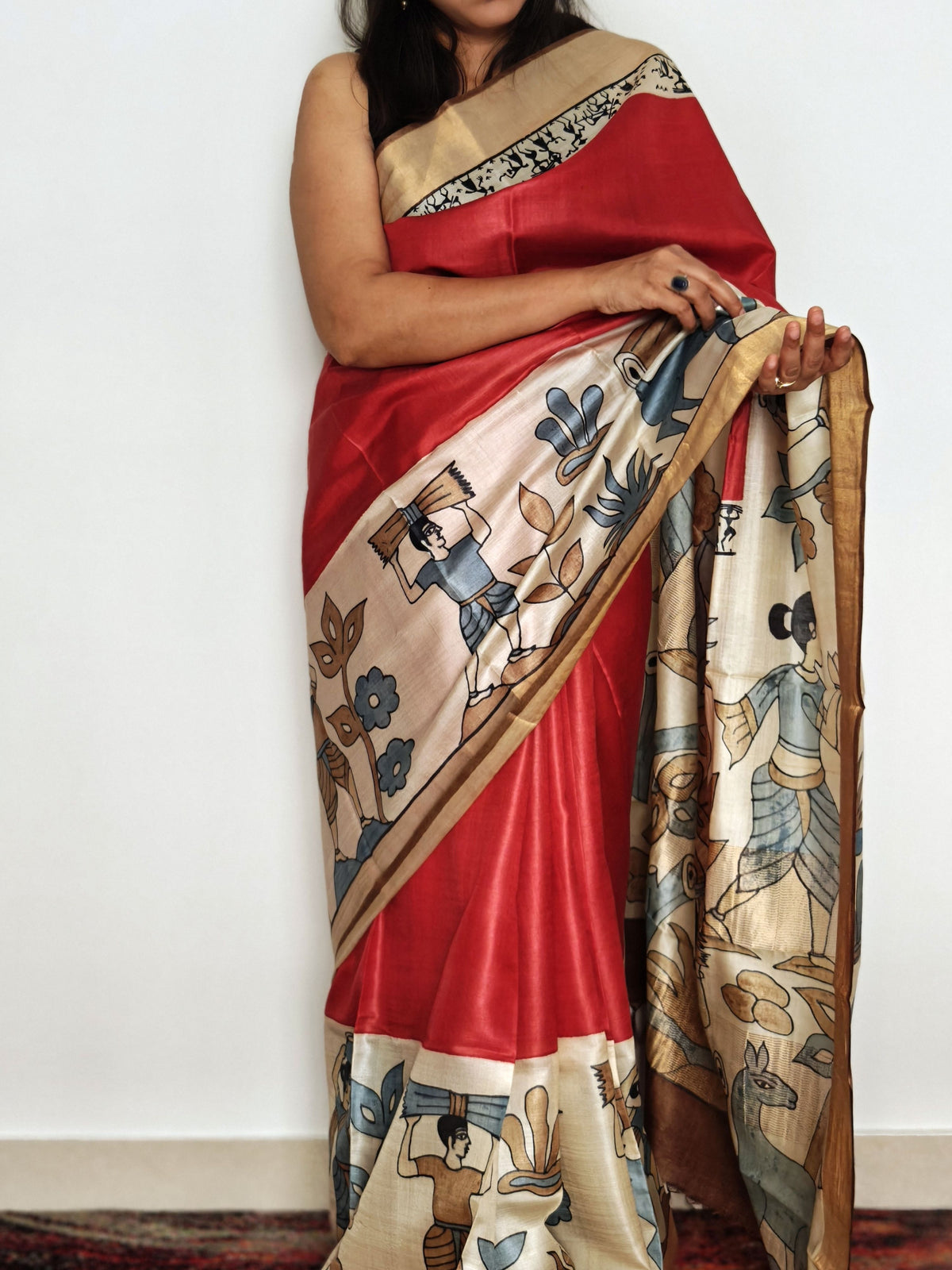 Tribal Painted Tussar Saree-Red