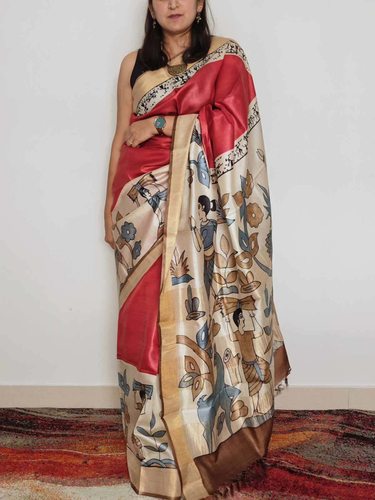 Tribal Painted Tussar Saree-Red