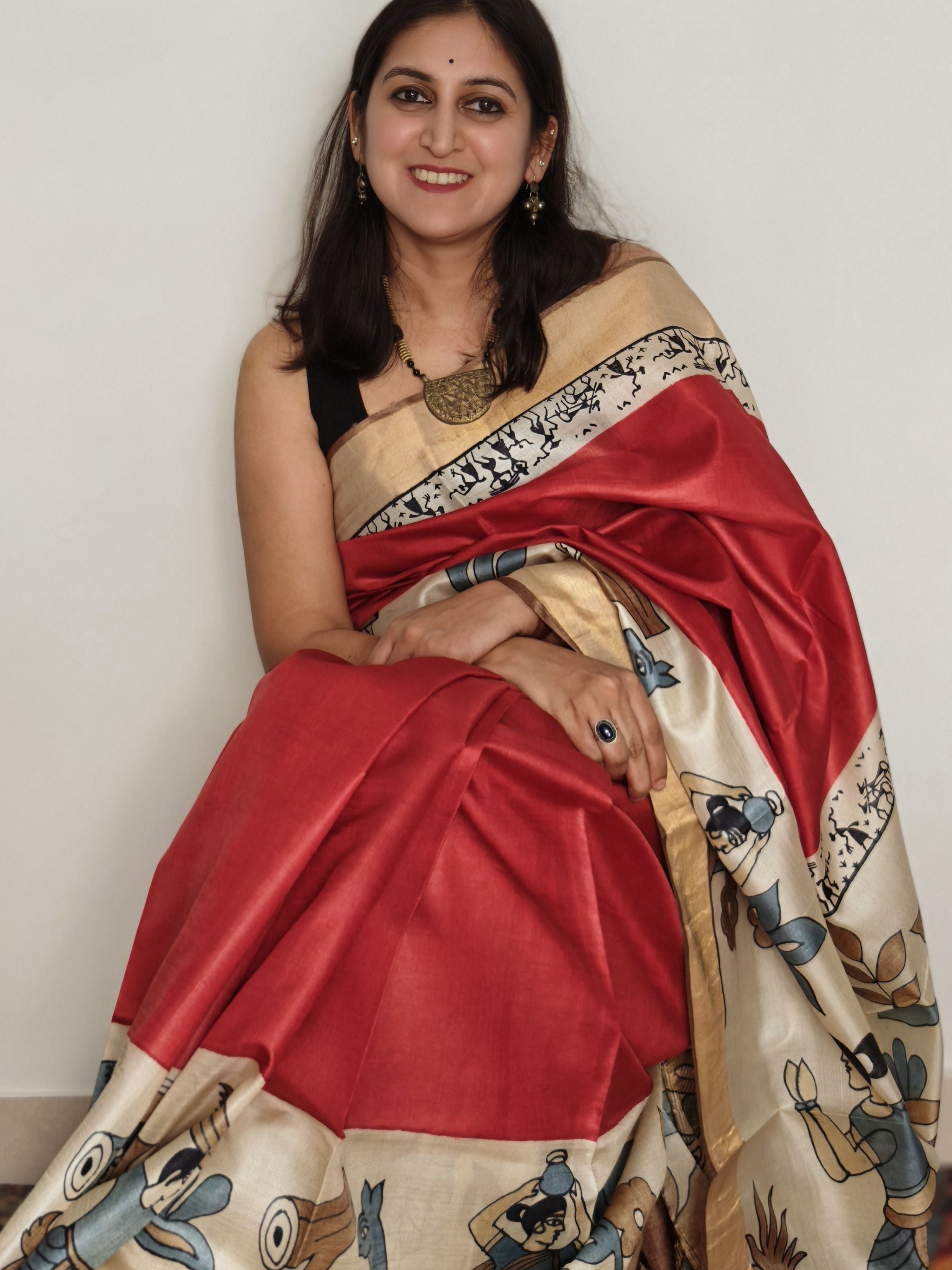 Tribal Painted Tussar Saree-Red