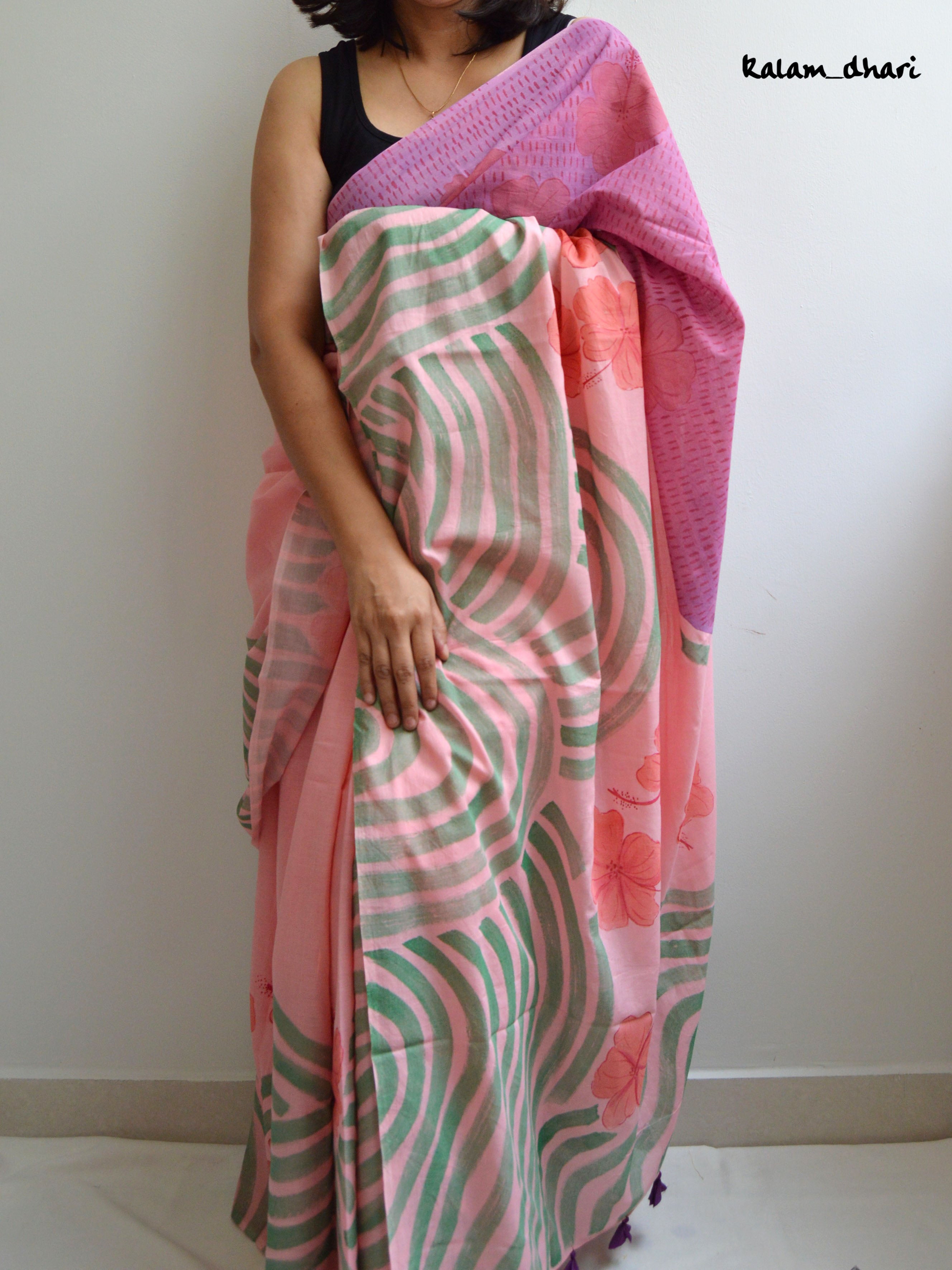 Bagiya Painted Mul Cotton Saree- Pink