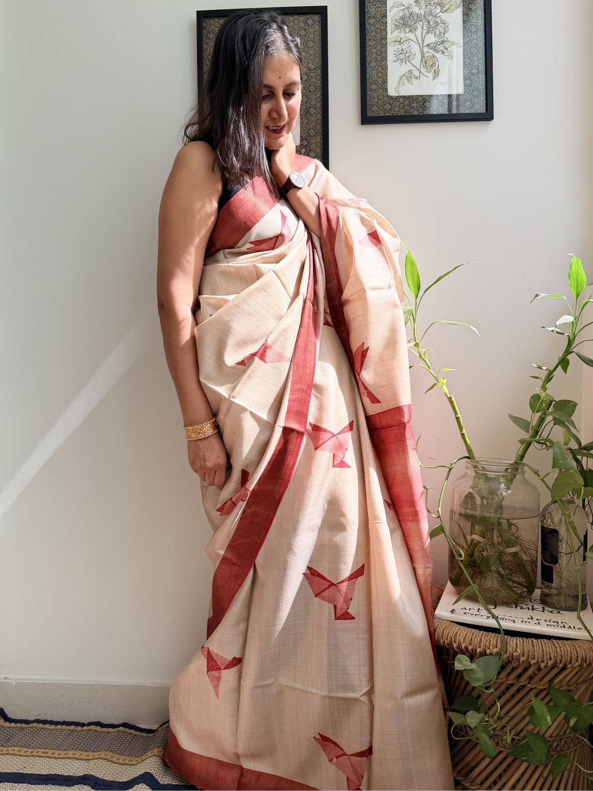 Origami Red Tussar Saree