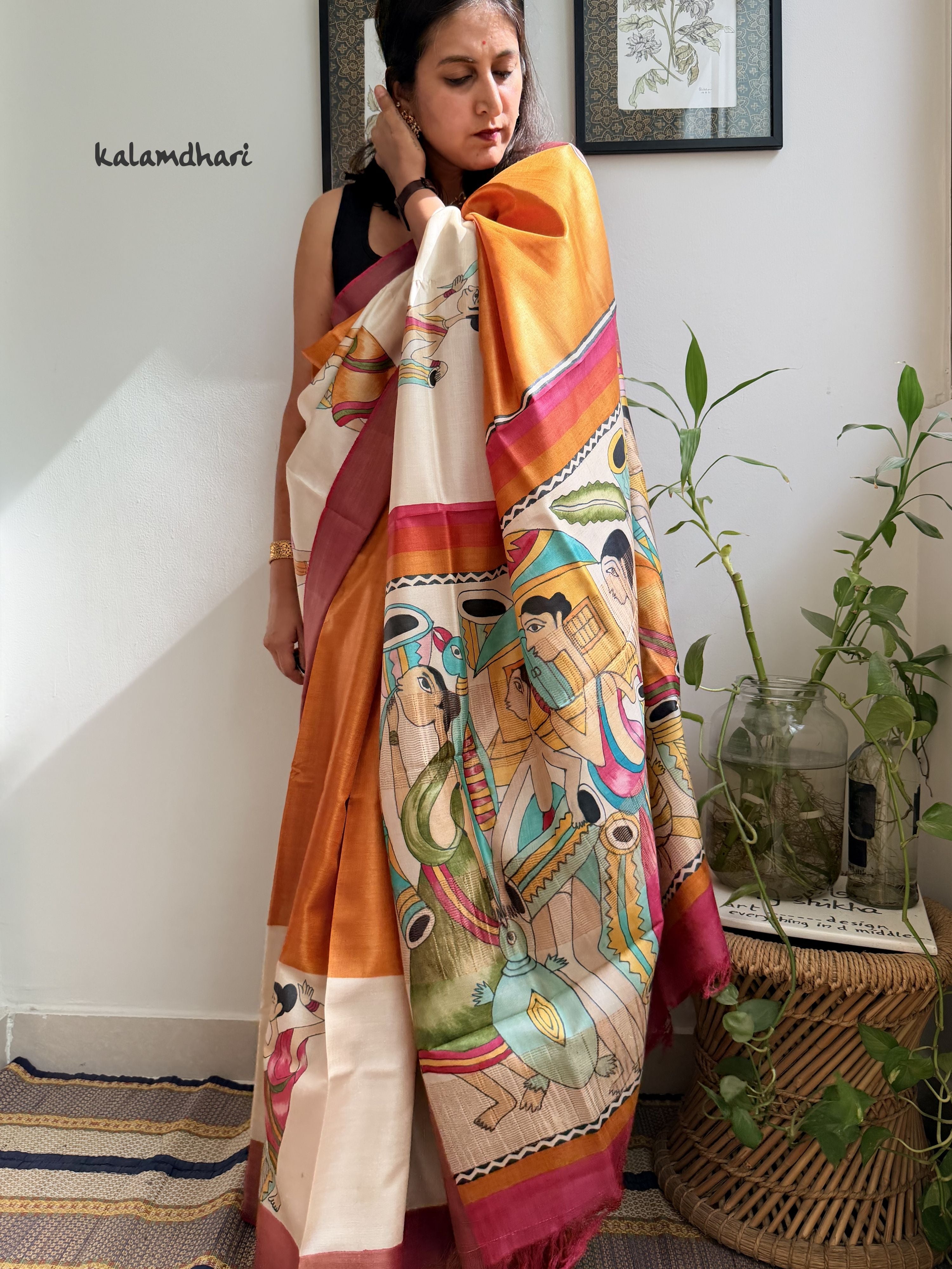 Tribal Orange Painted Kosa Saree