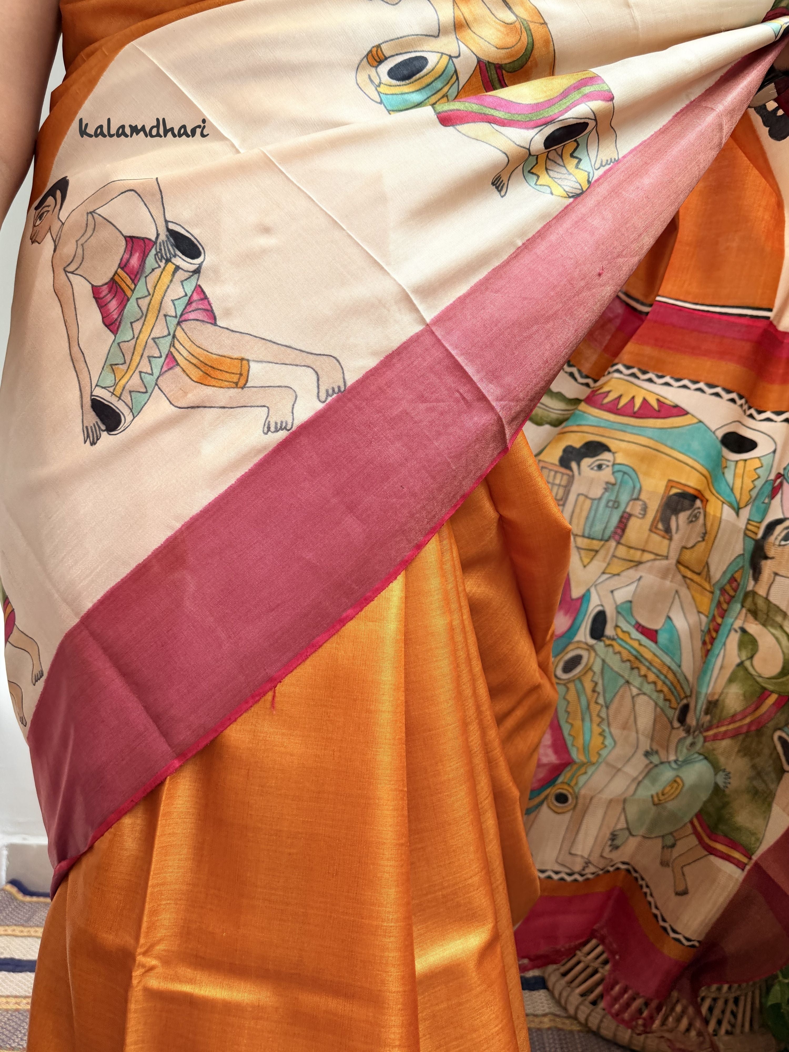 Tribal Orange Painted Kosa Saree