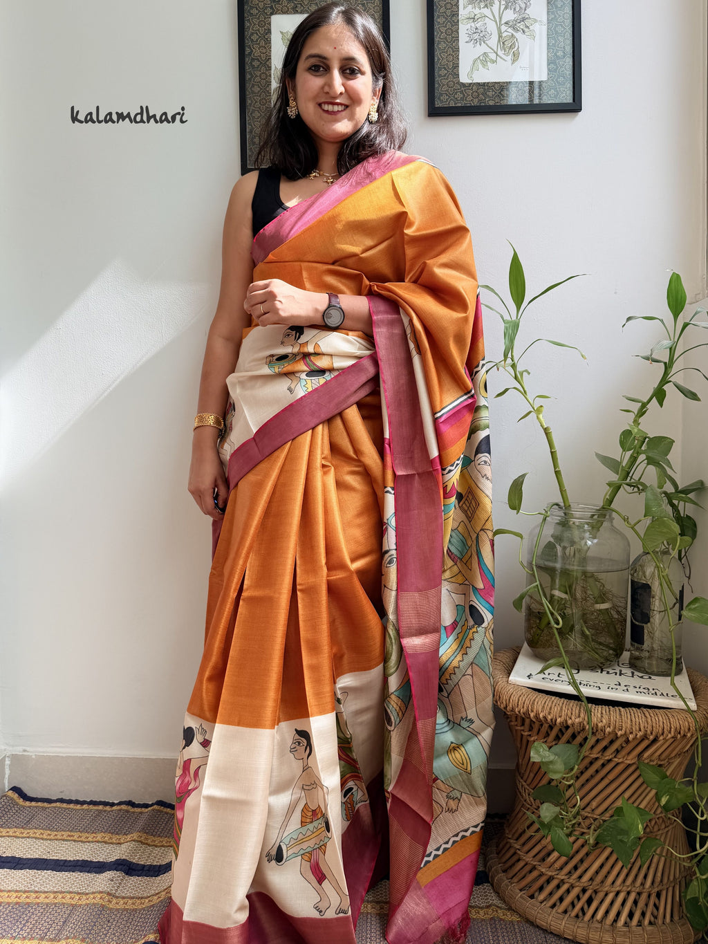 Tribal Orange Painted Kosa Saree