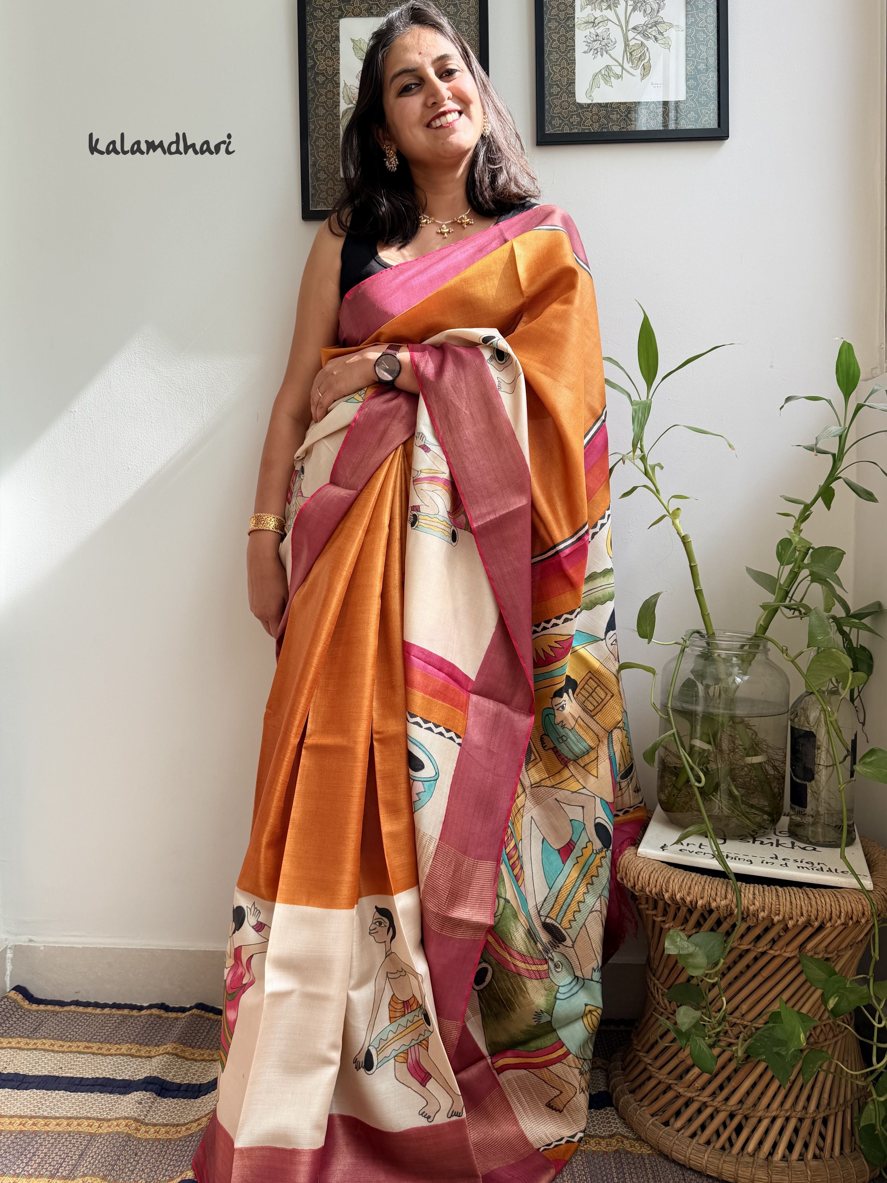 Tribal Orange Painted Kosa Saree