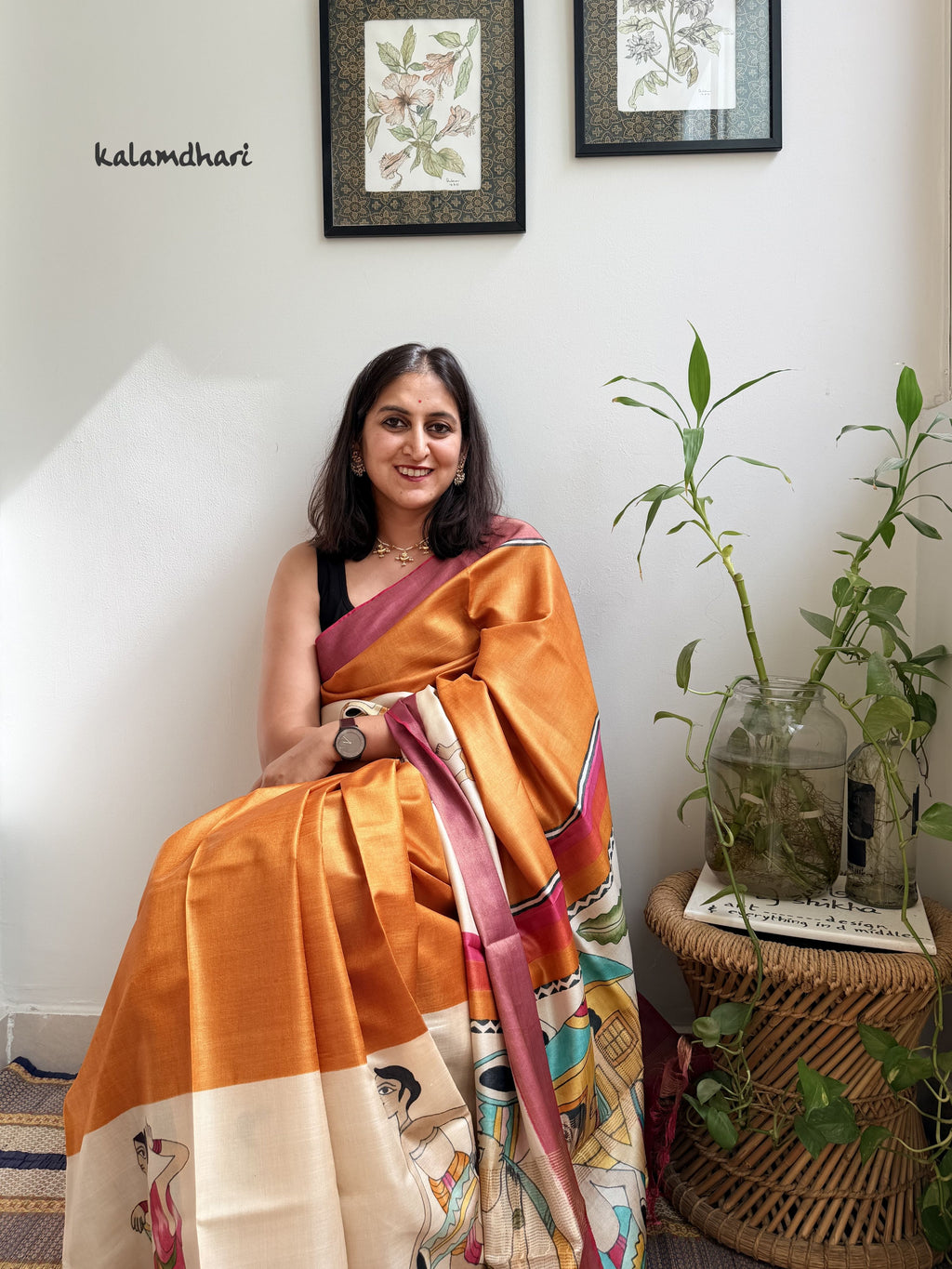 Tribal Orange Painted Kosa Saree