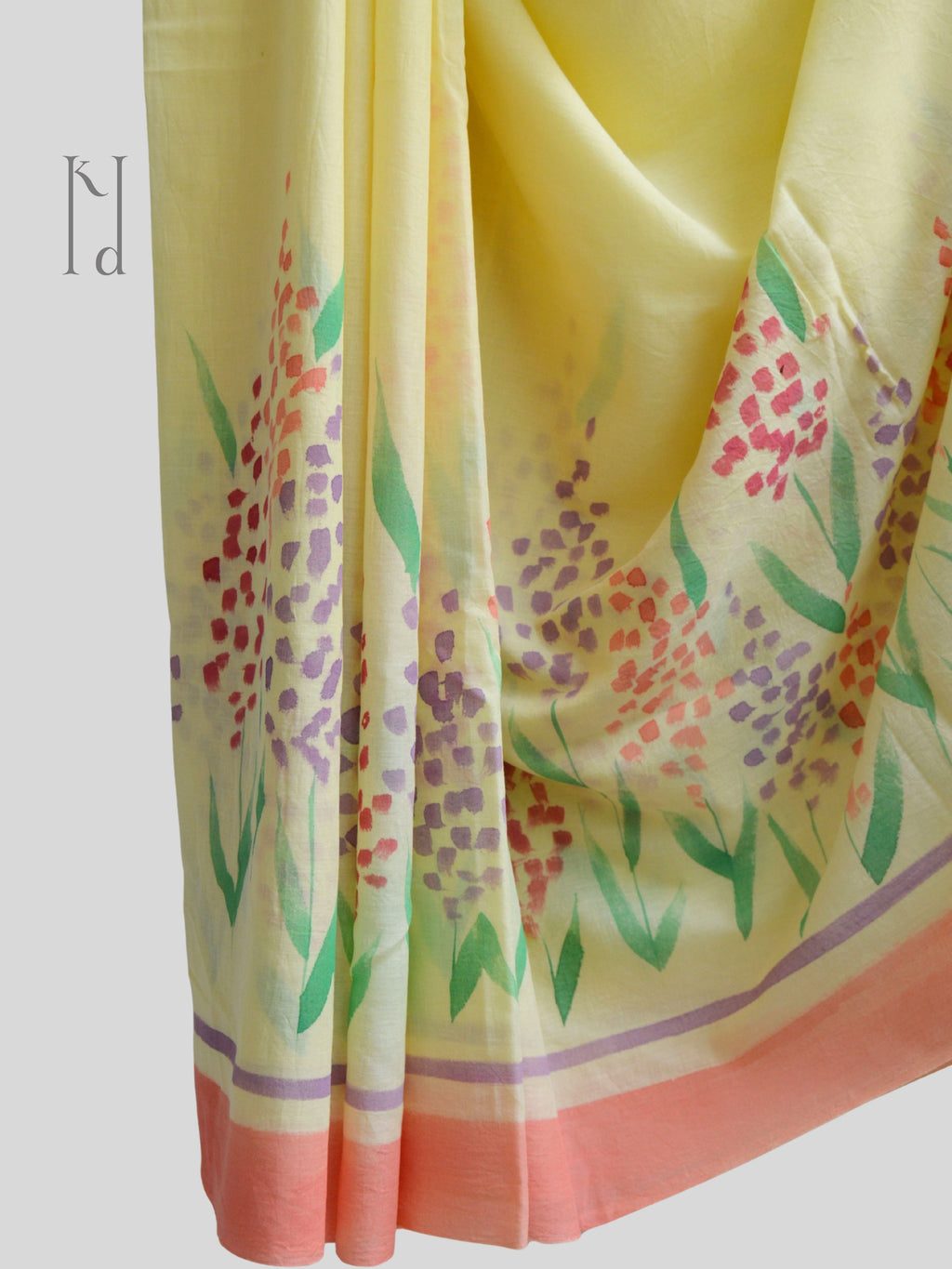 Delphi Painted Mul Cotton Saree- Yellow