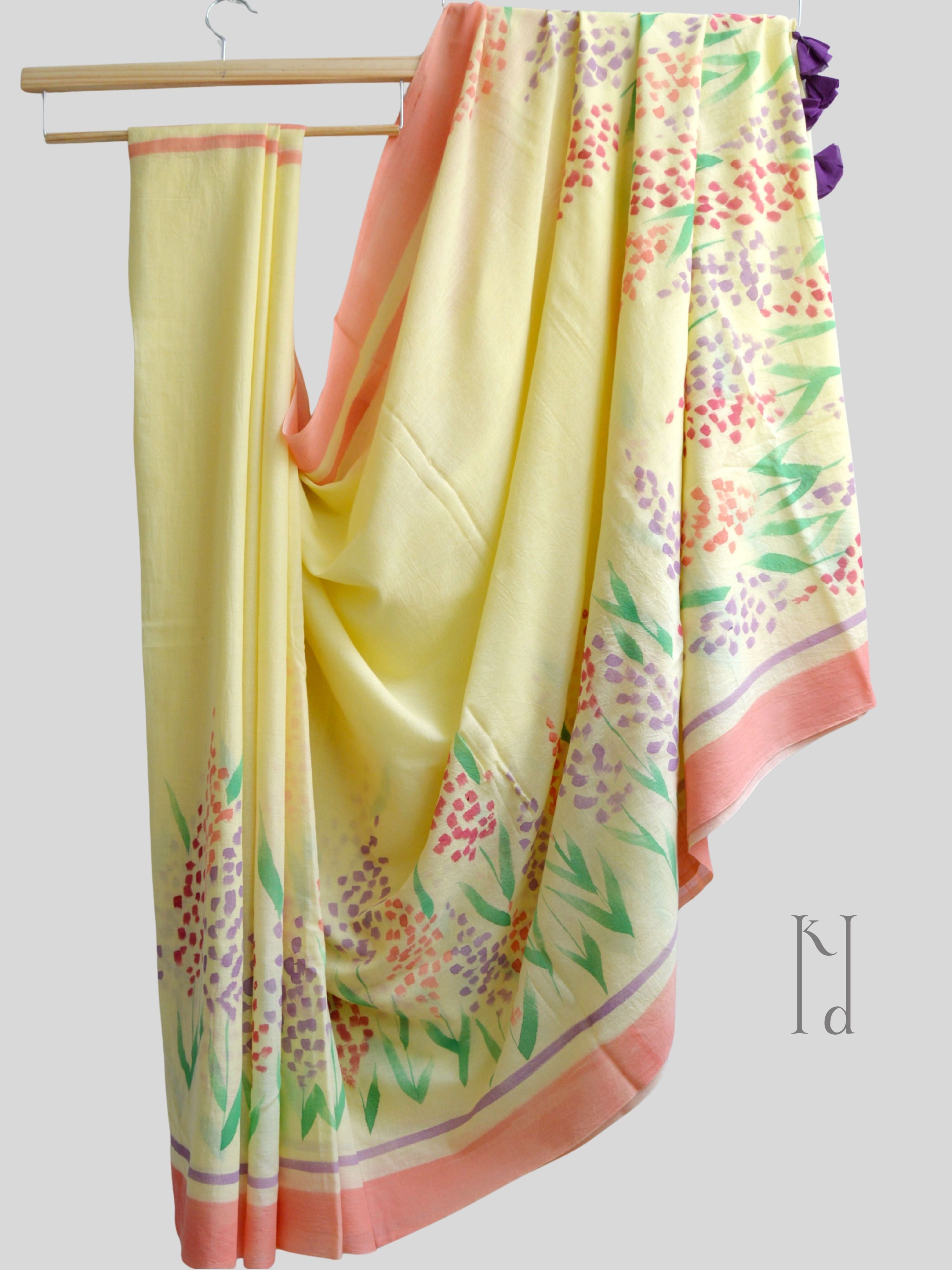 Delphi Painted Mul Cotton Saree- Yellow