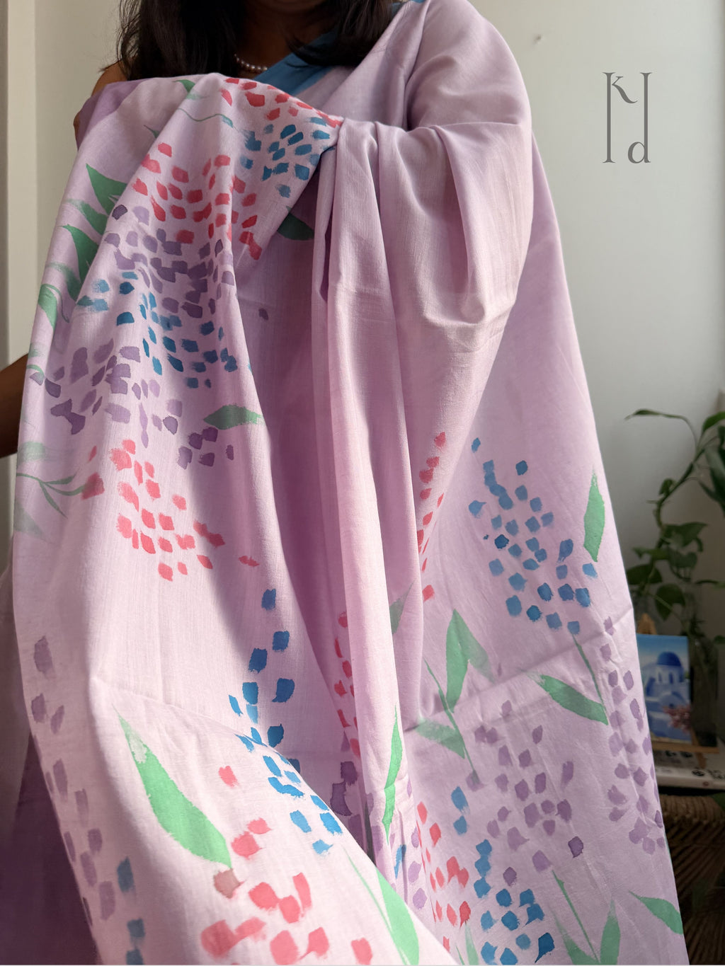 Delphi Painted Mul Cotton Saree- Purple