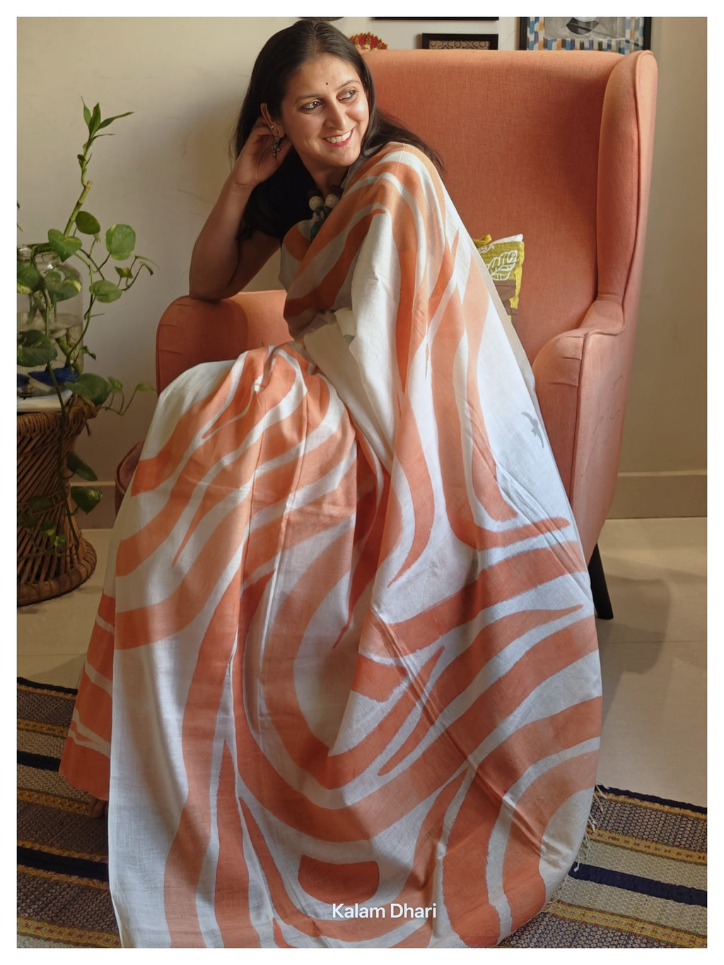 Vaayu Painted Cotton Saree- Tangerine