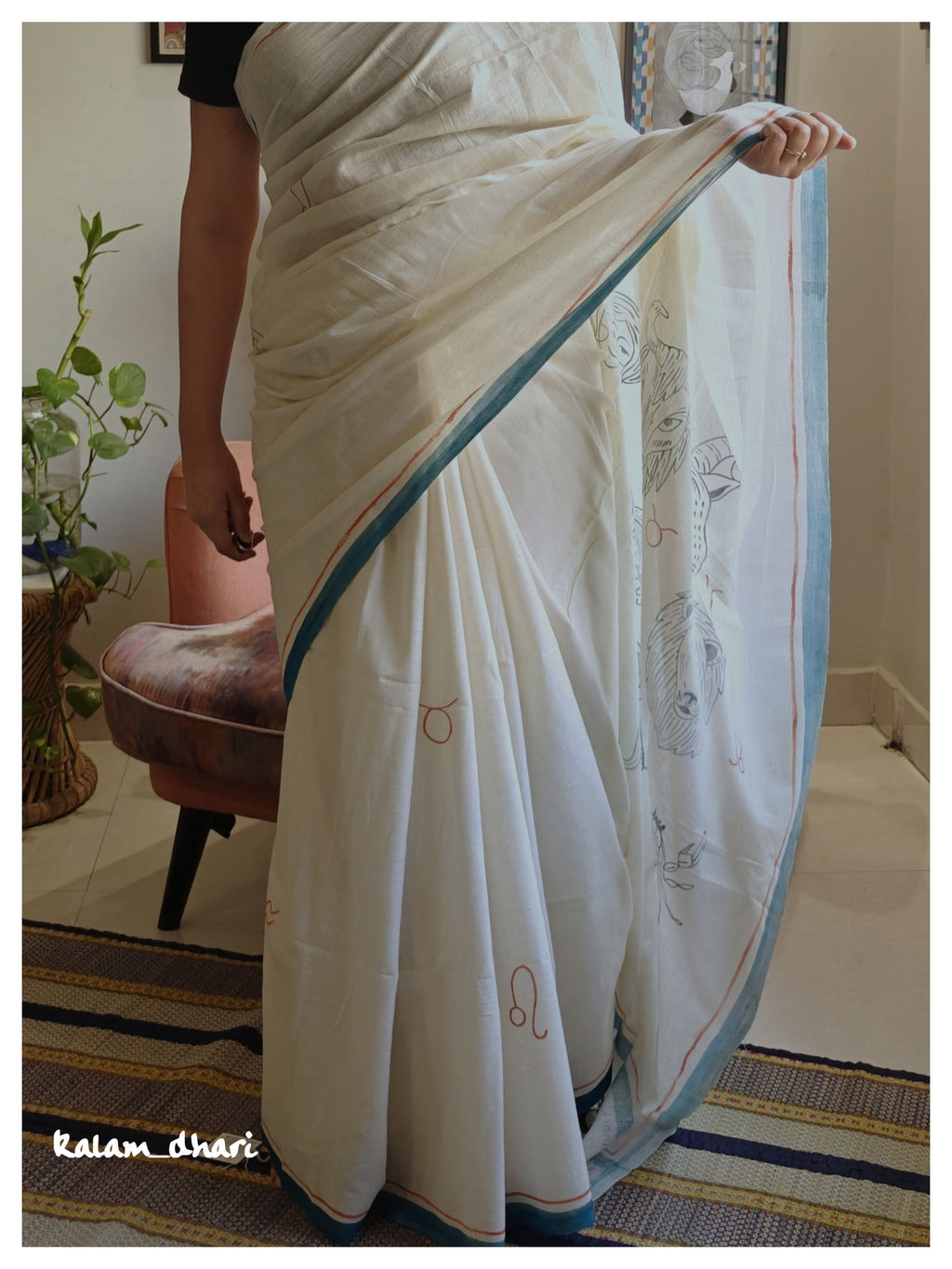 Rashi Phal Painted Cotton Saree- Turquoise