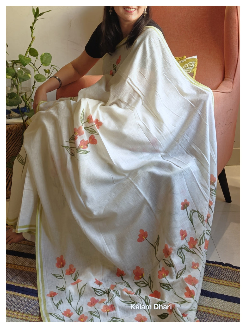 Phool Painted Cotton Saree- Orange