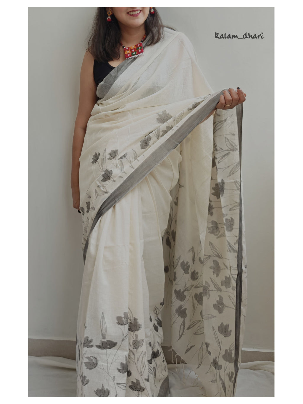 Phool Painted Cotton Saree- Grey