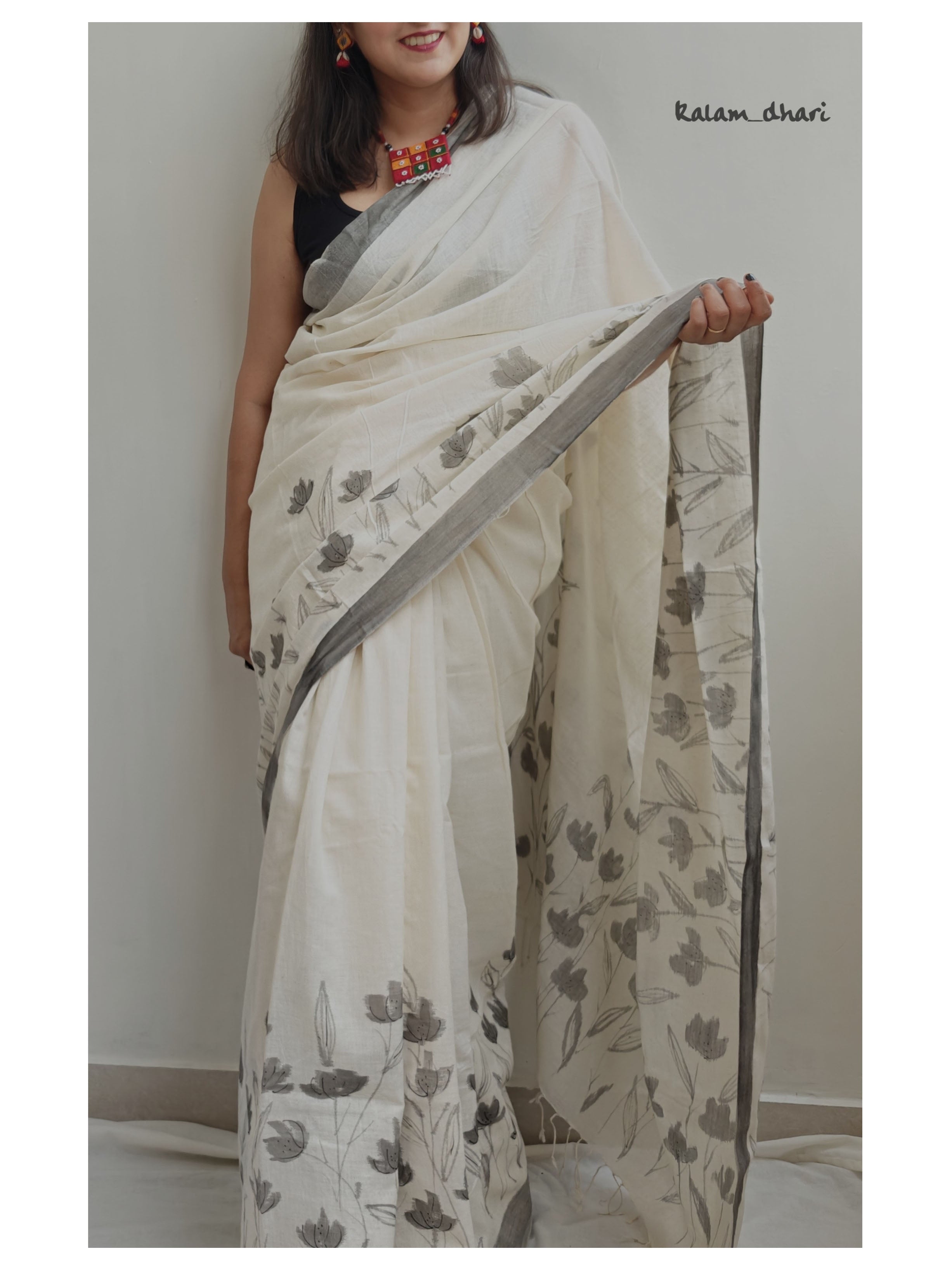Phool Painted Cotton Saree- Grey
