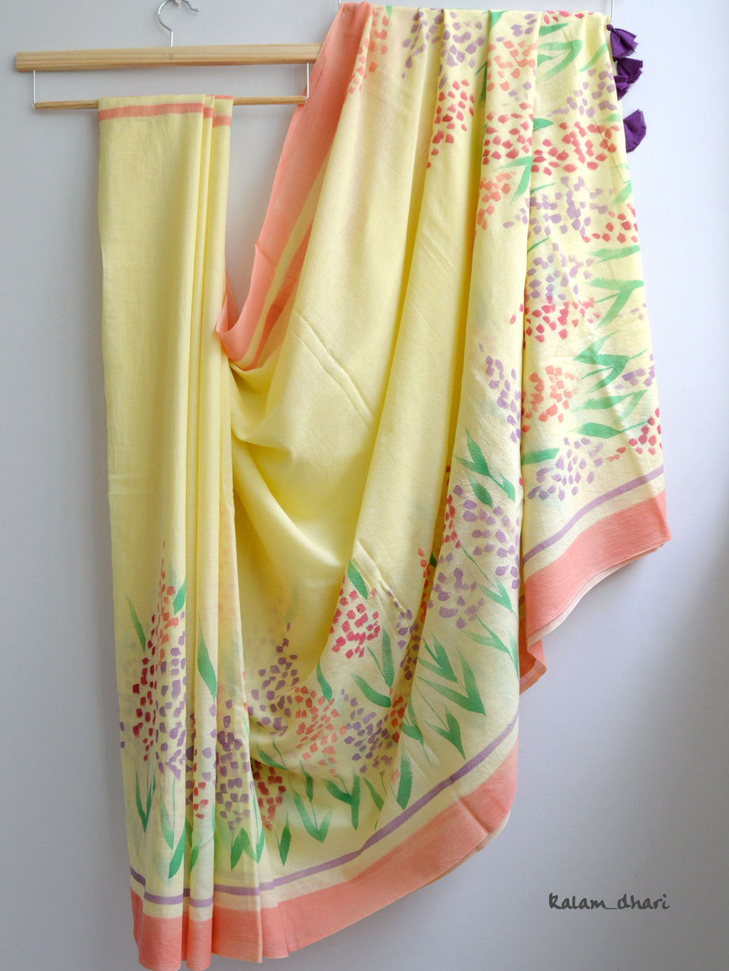 Delphi Painted Mul Cotton Saree- Yellow