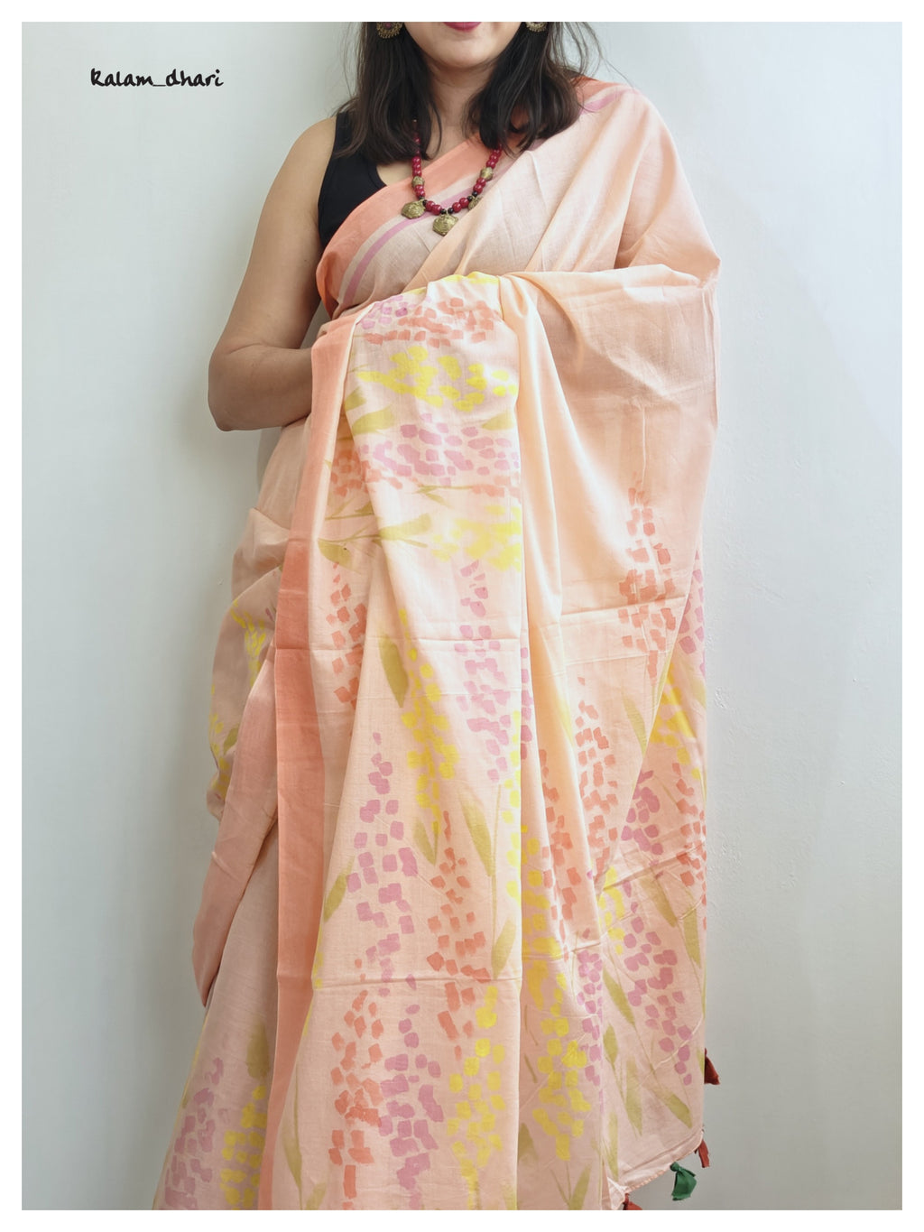 Delphi Painted Mul Cotton Saree- Peach