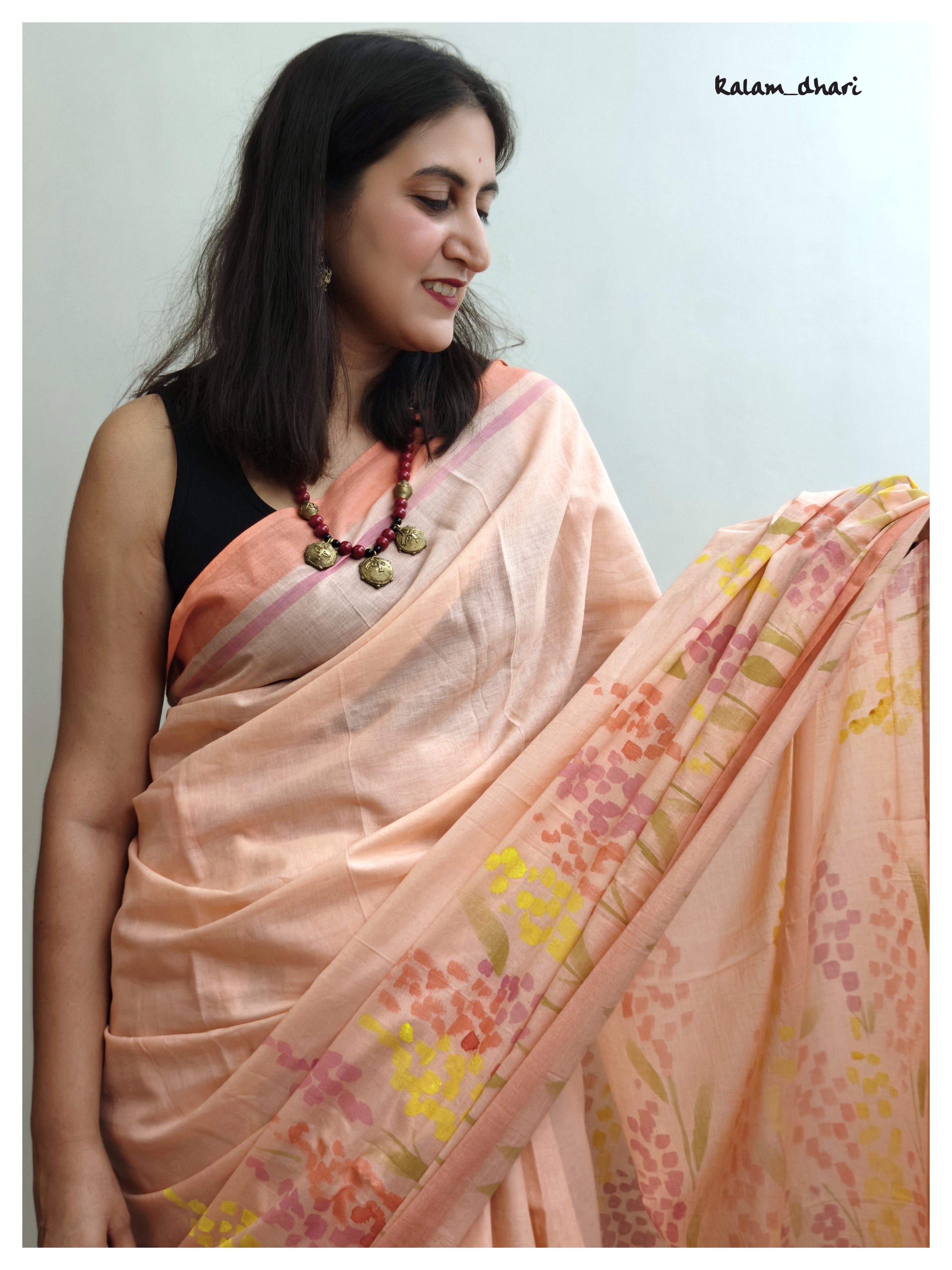 Delphi Painted Mul Cotton Saree- Peach