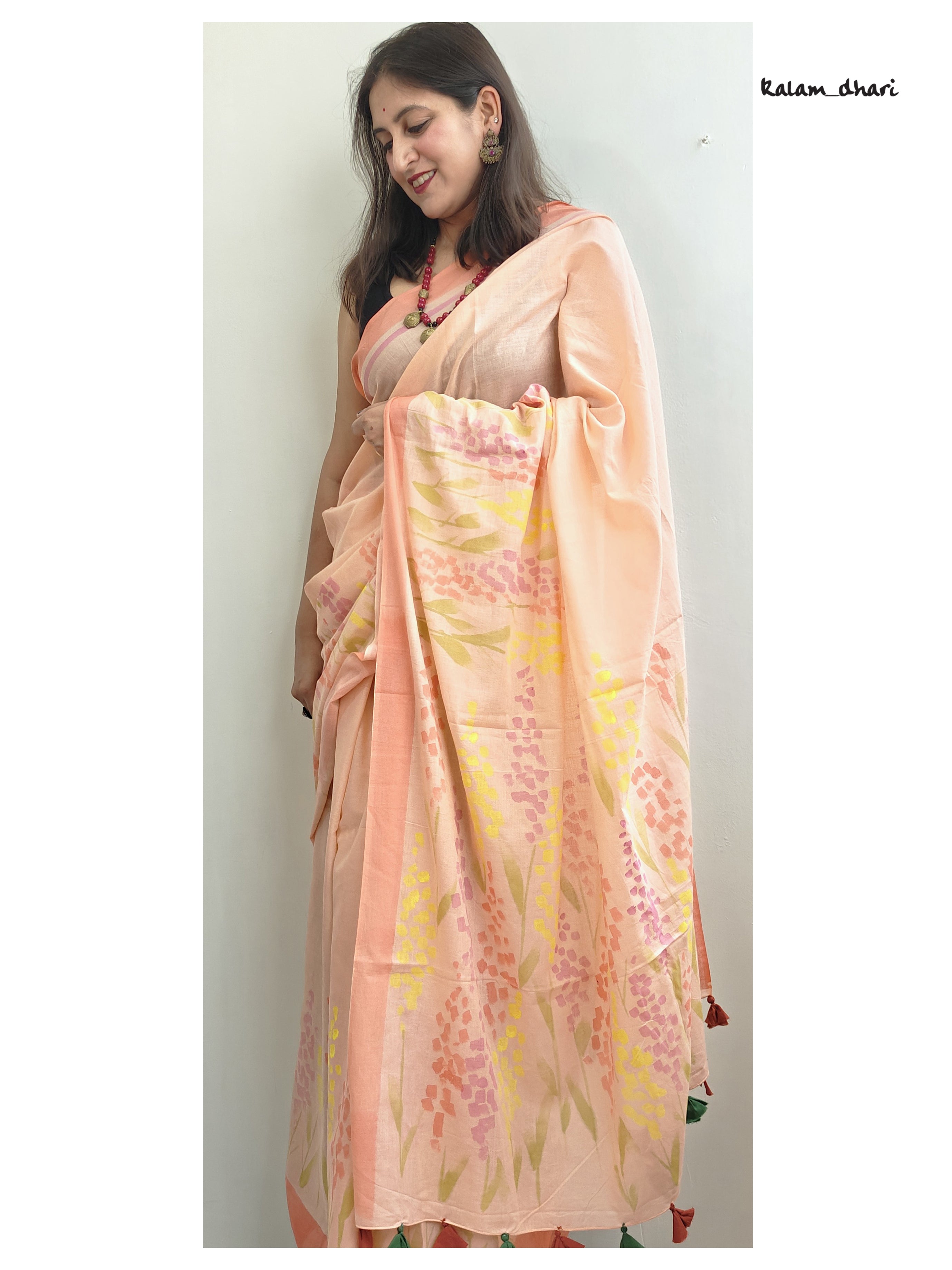 Delphi Painted Mul Cotton Saree- Peach