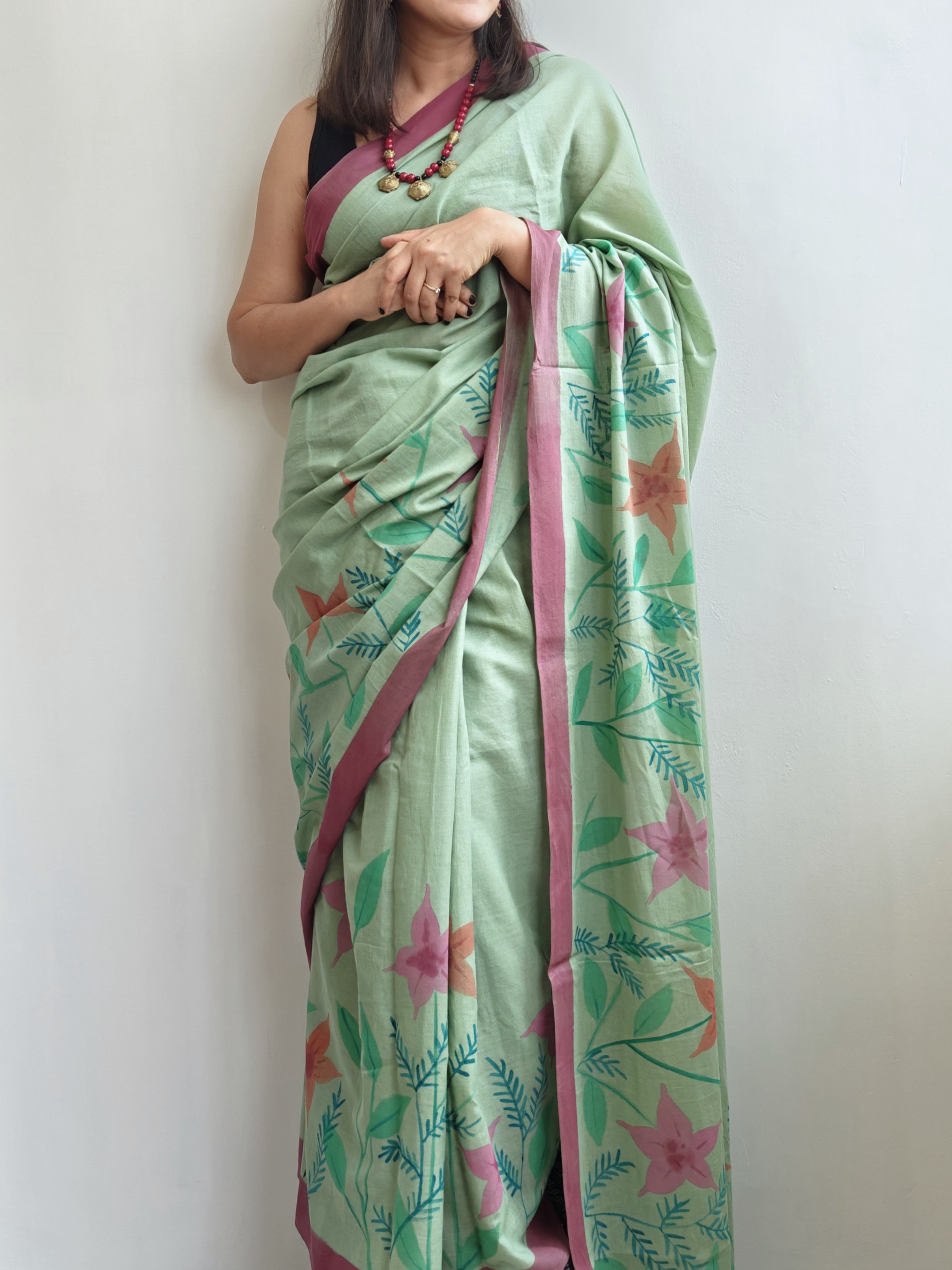 Abstract Floral Painted Mul Cotton Saree