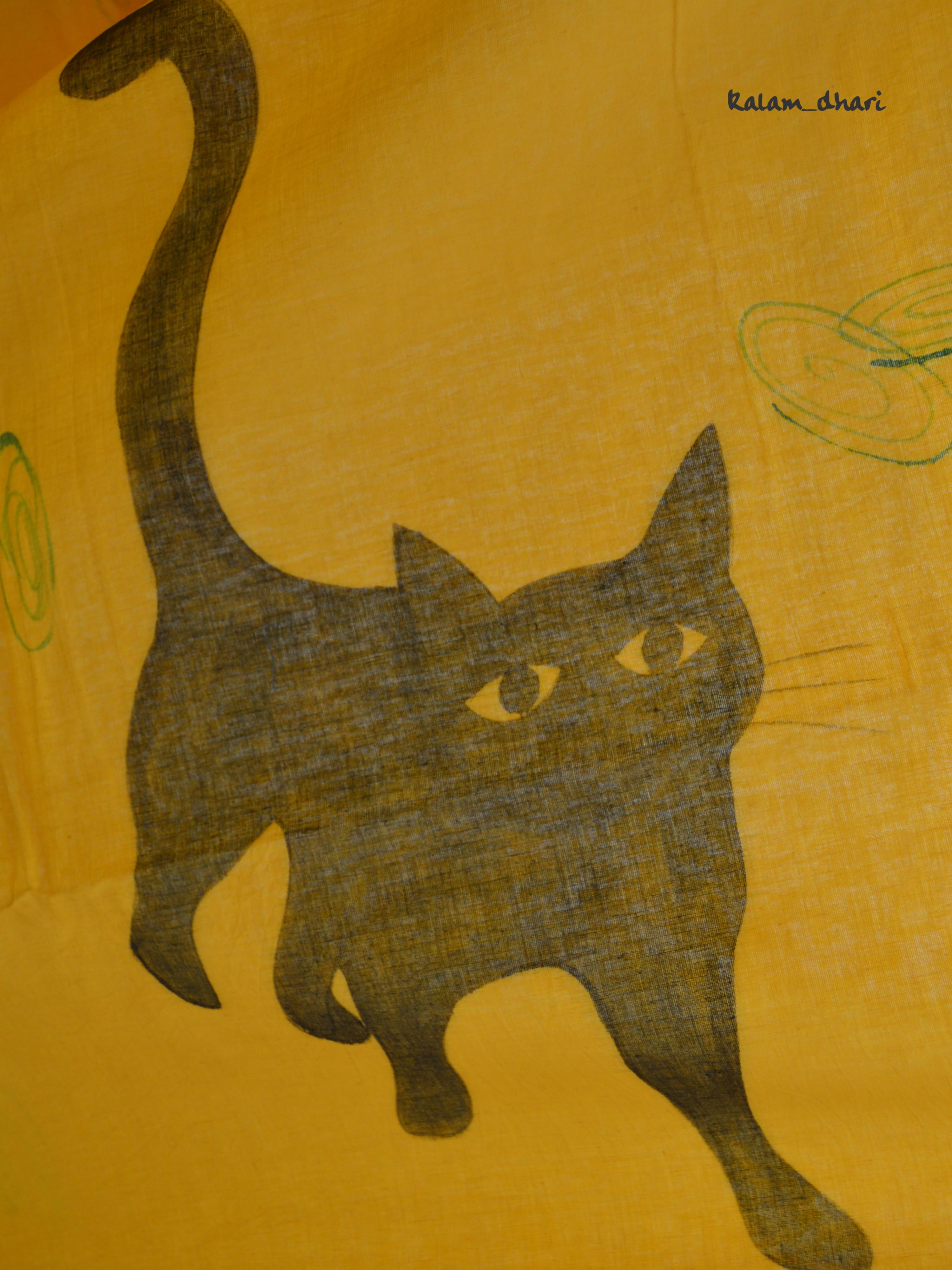 Cat Painted Mul Cotton Saree