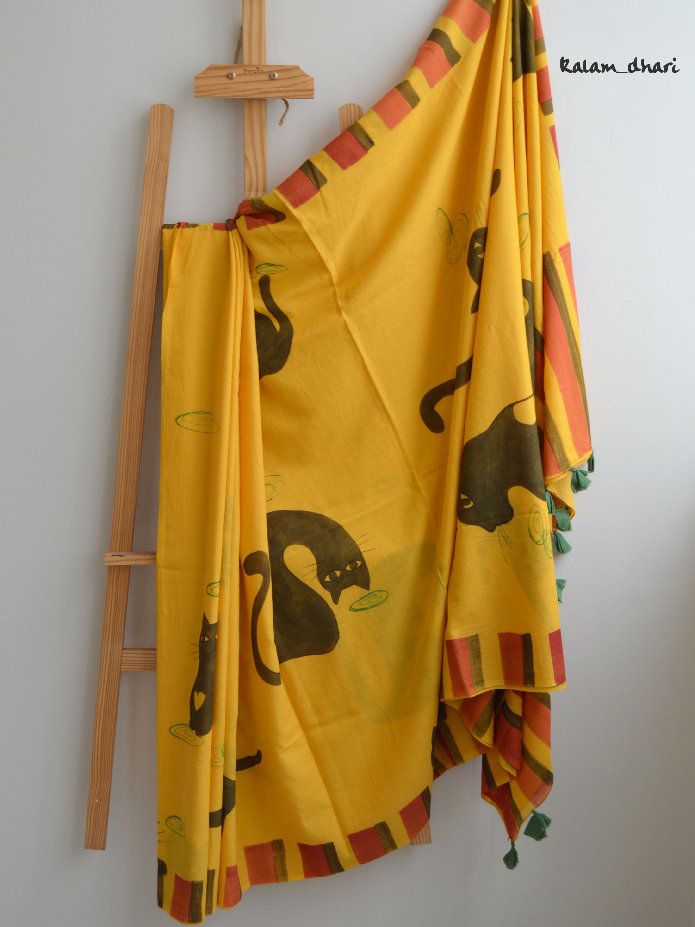 Cat Painted Mul Cotton Saree