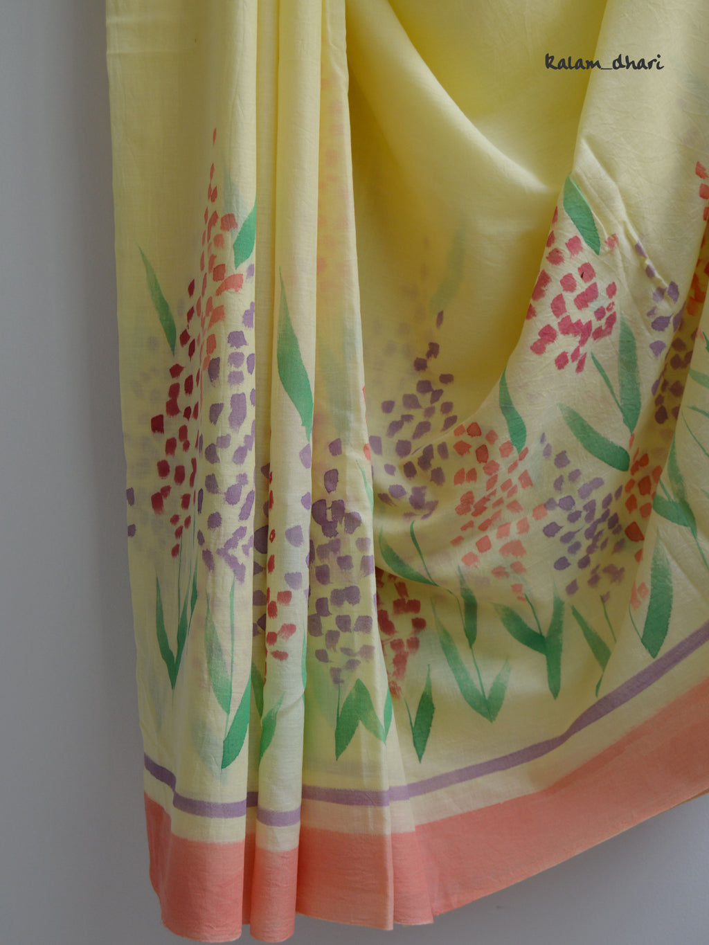 Delphi Painted Mul Cotton Saree- Yellow