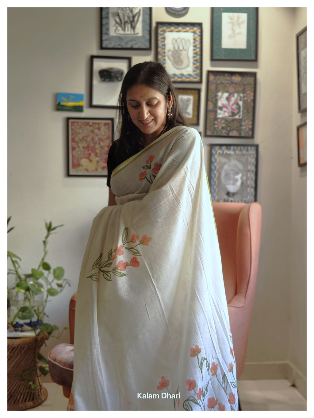 Phool Painted Cotton Saree- Orange