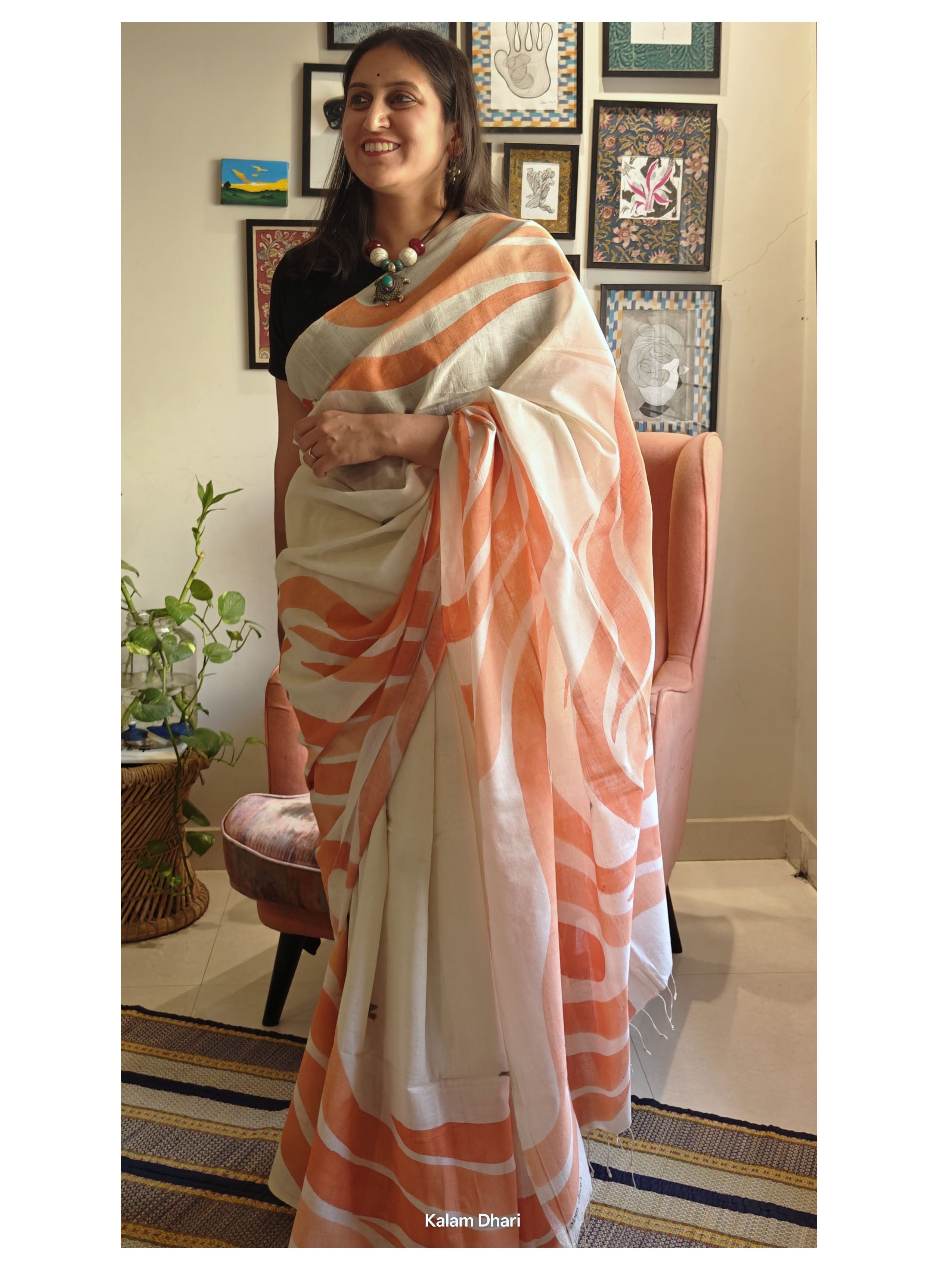 Vaayu Painted Cotton Saree- Tangerine