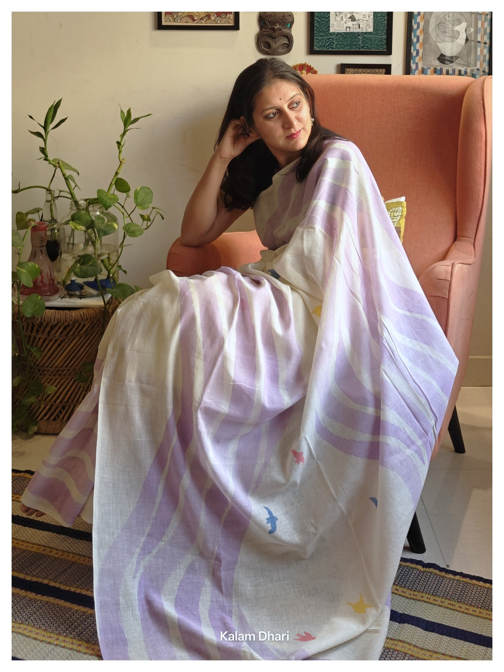 Vaayu Painted Cotton Saree- Lavender