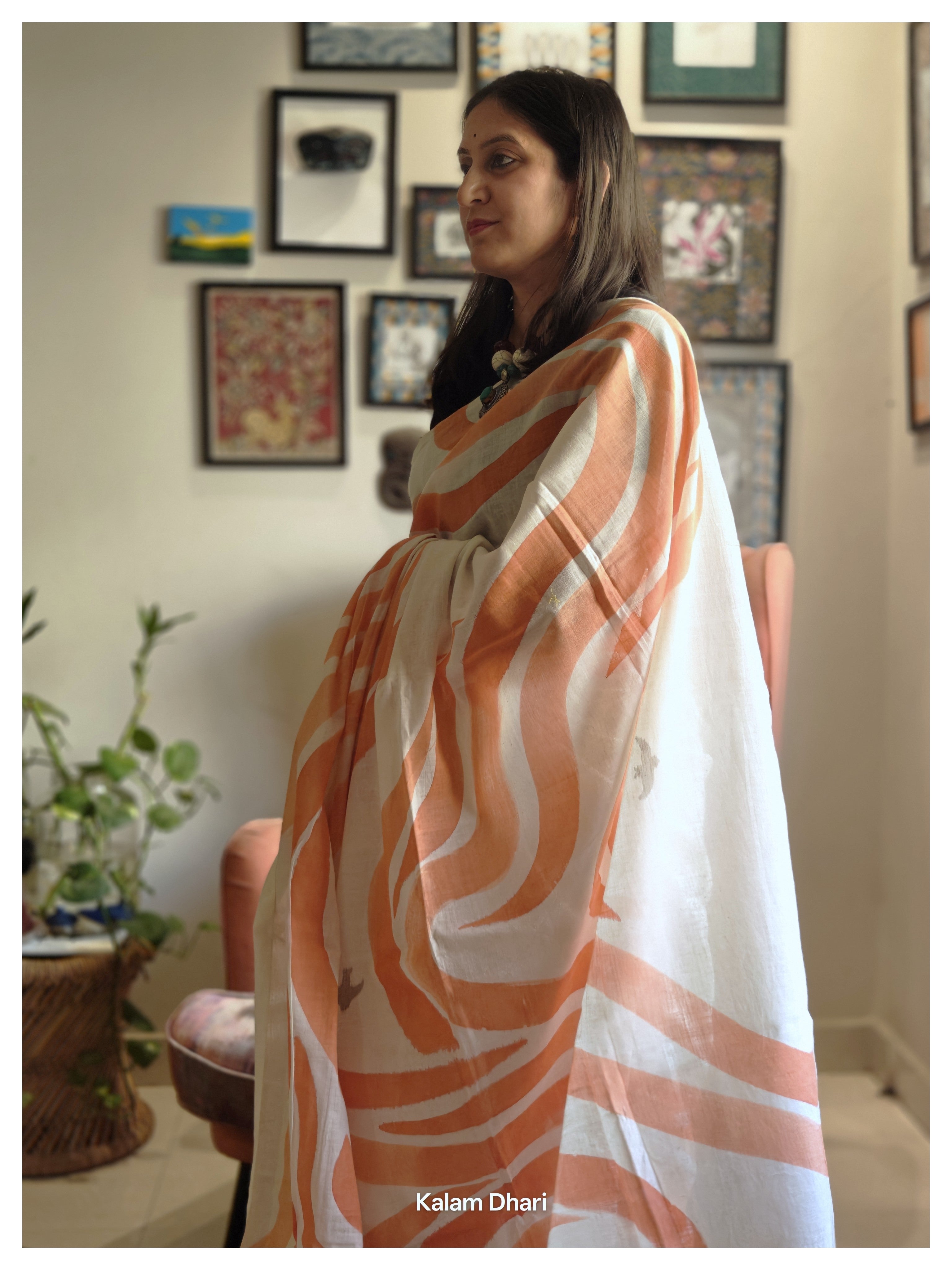 Vaayu Painted Cotton Saree- Tangerine