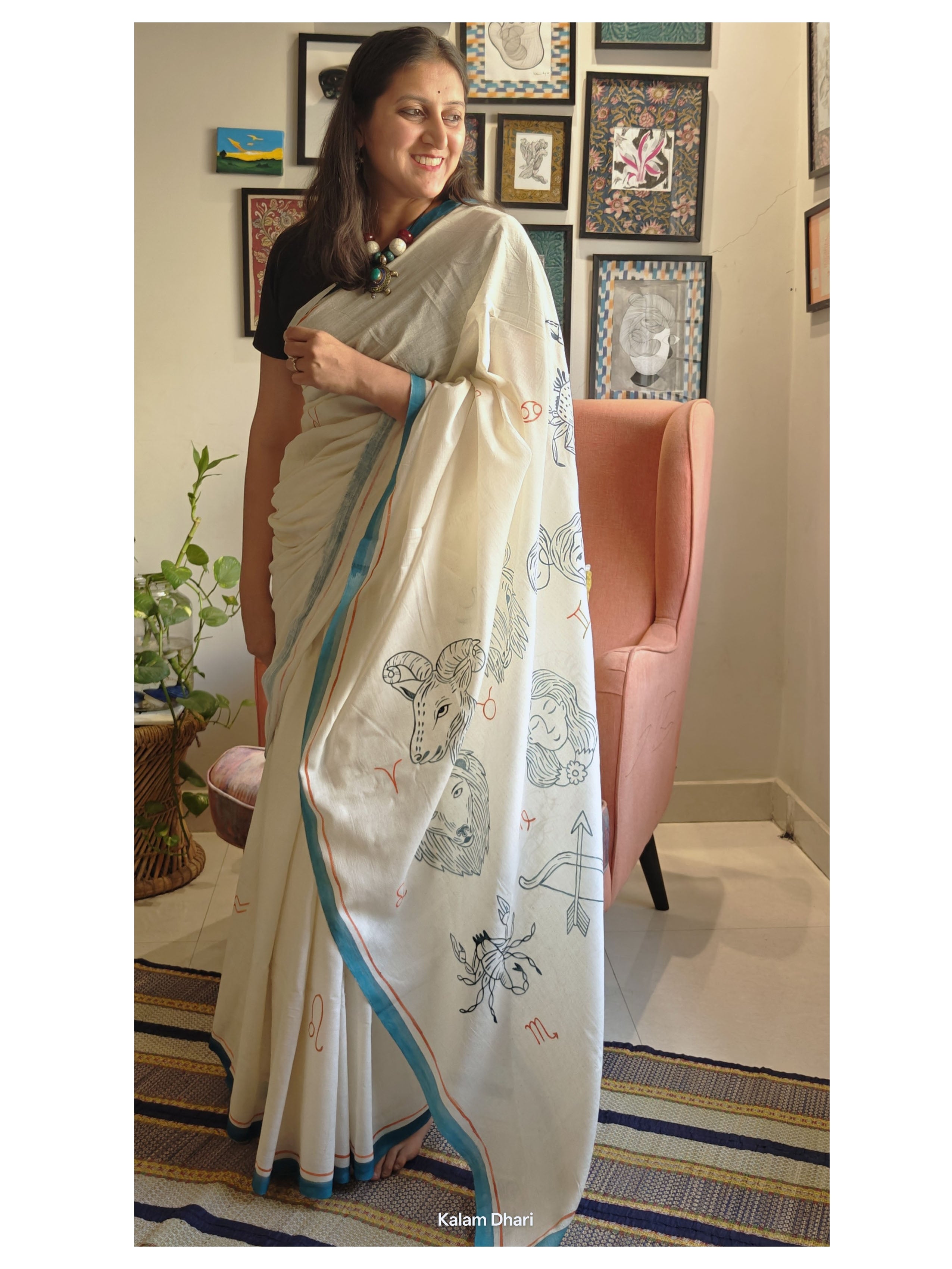 Rashi Phal Painted Cotton Saree- Turquoise