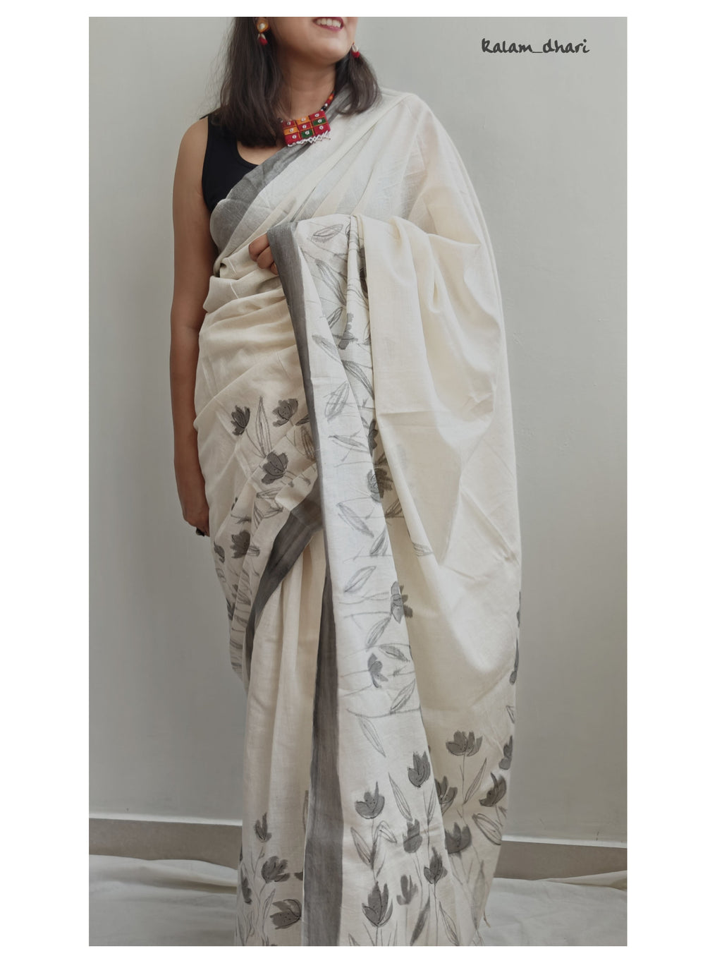 Phool Painted Cotton Saree- Grey