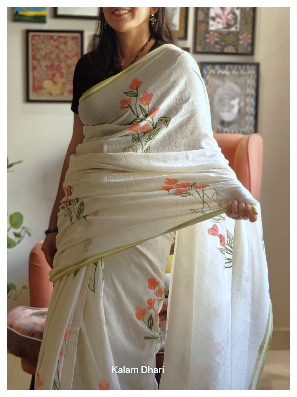 Phool Painted Cotton Saree- Orange