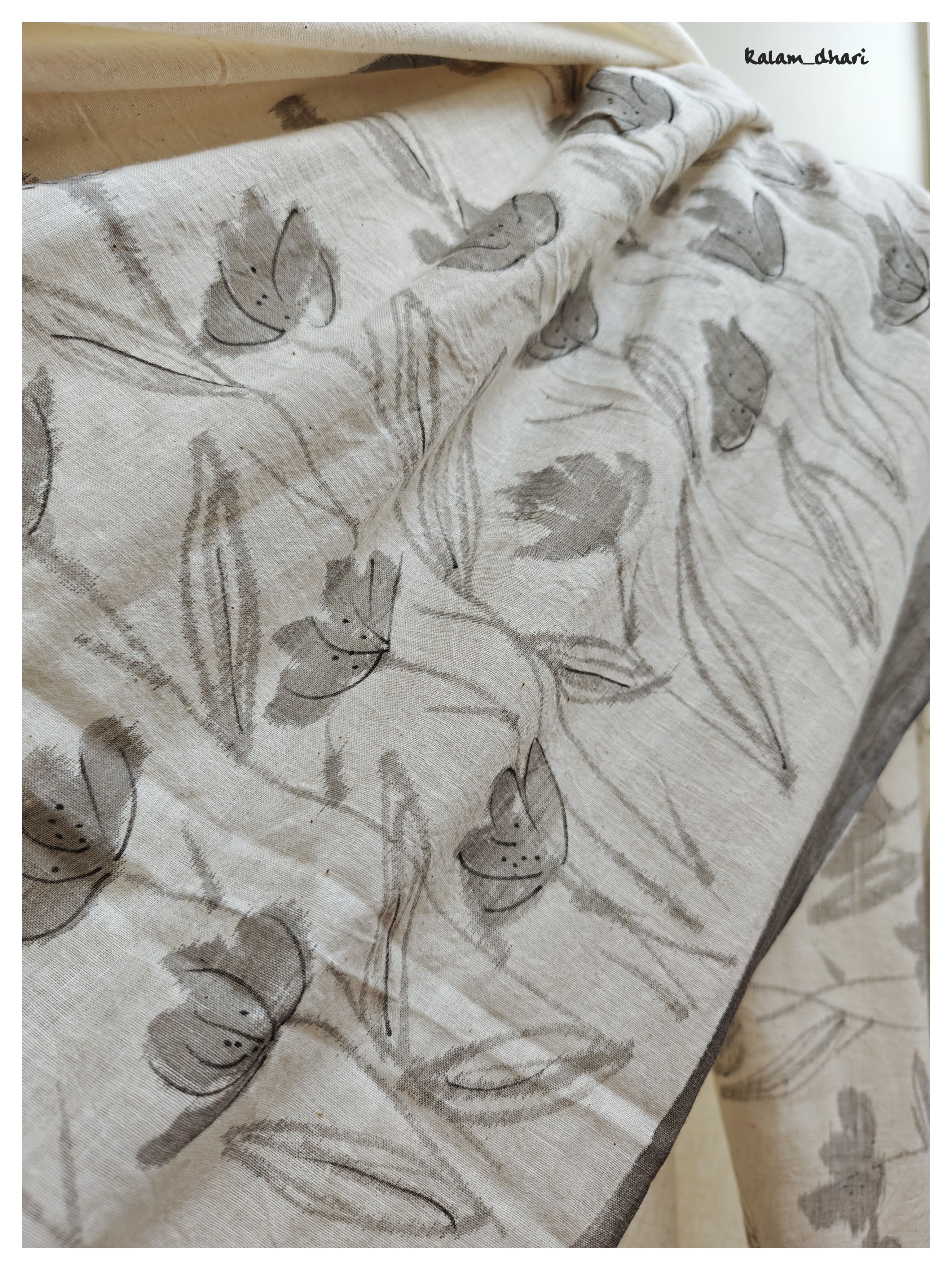 Phool Painted Cotton Saree- Grey
