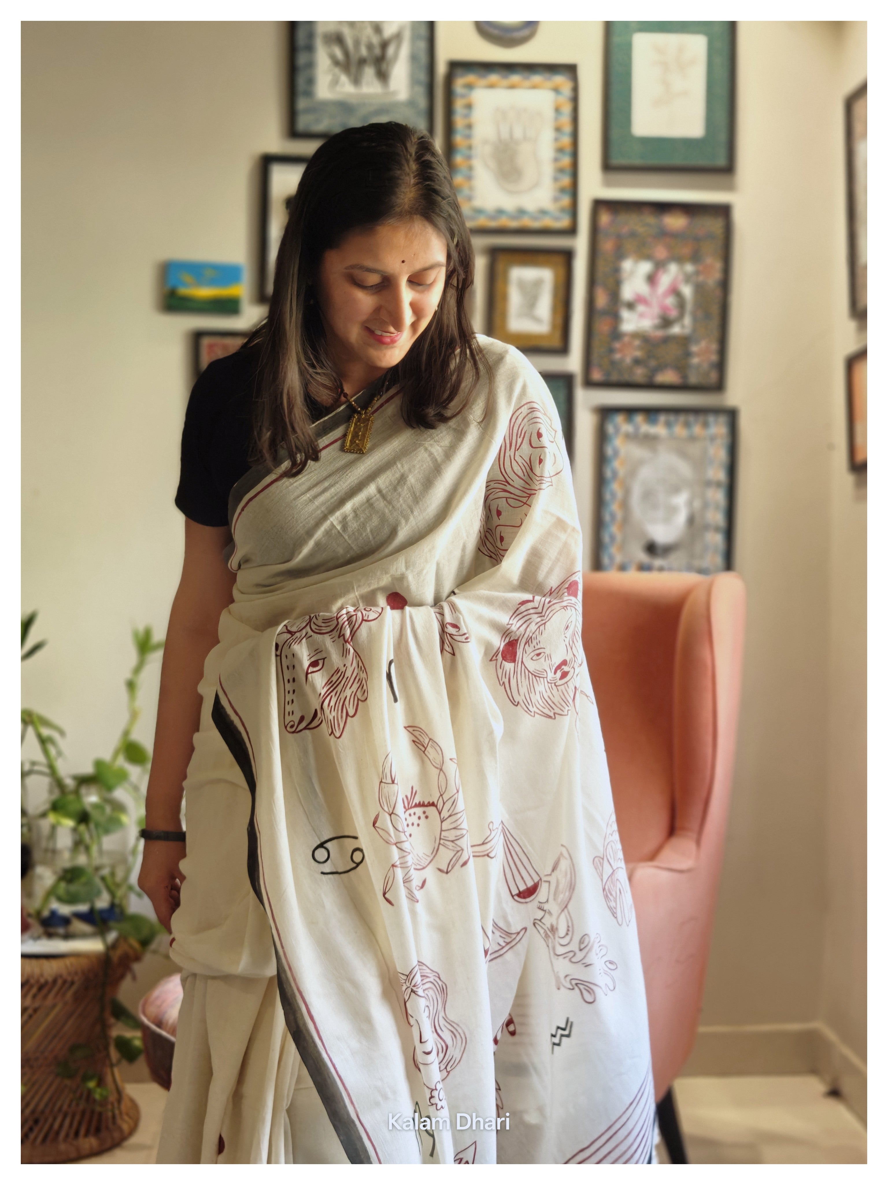 Rashi Phal Painted Cotton Saree- Burgundy