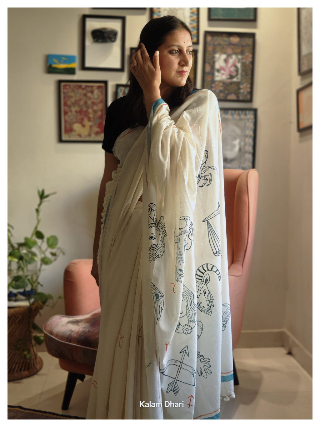 Rashi Phal Painted Cotton Saree- Turquoise