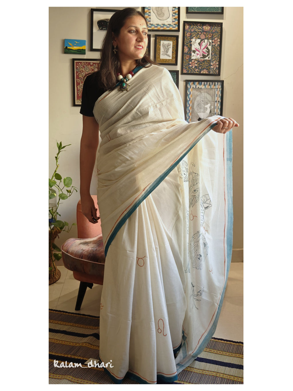 Rashi Phal Painted Cotton Saree- Turquoise