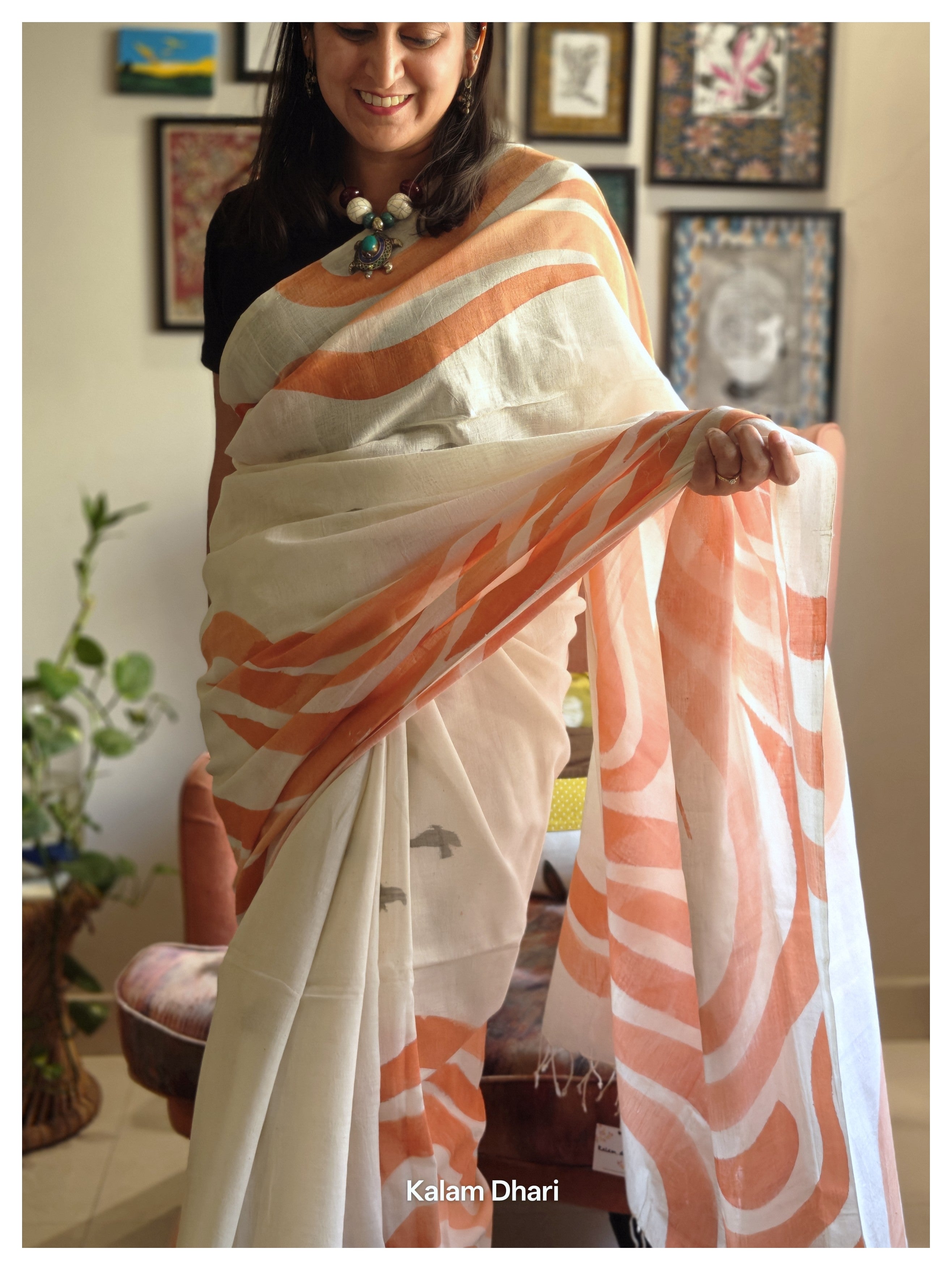 Vaayu Painted Cotton Saree- Tangerine