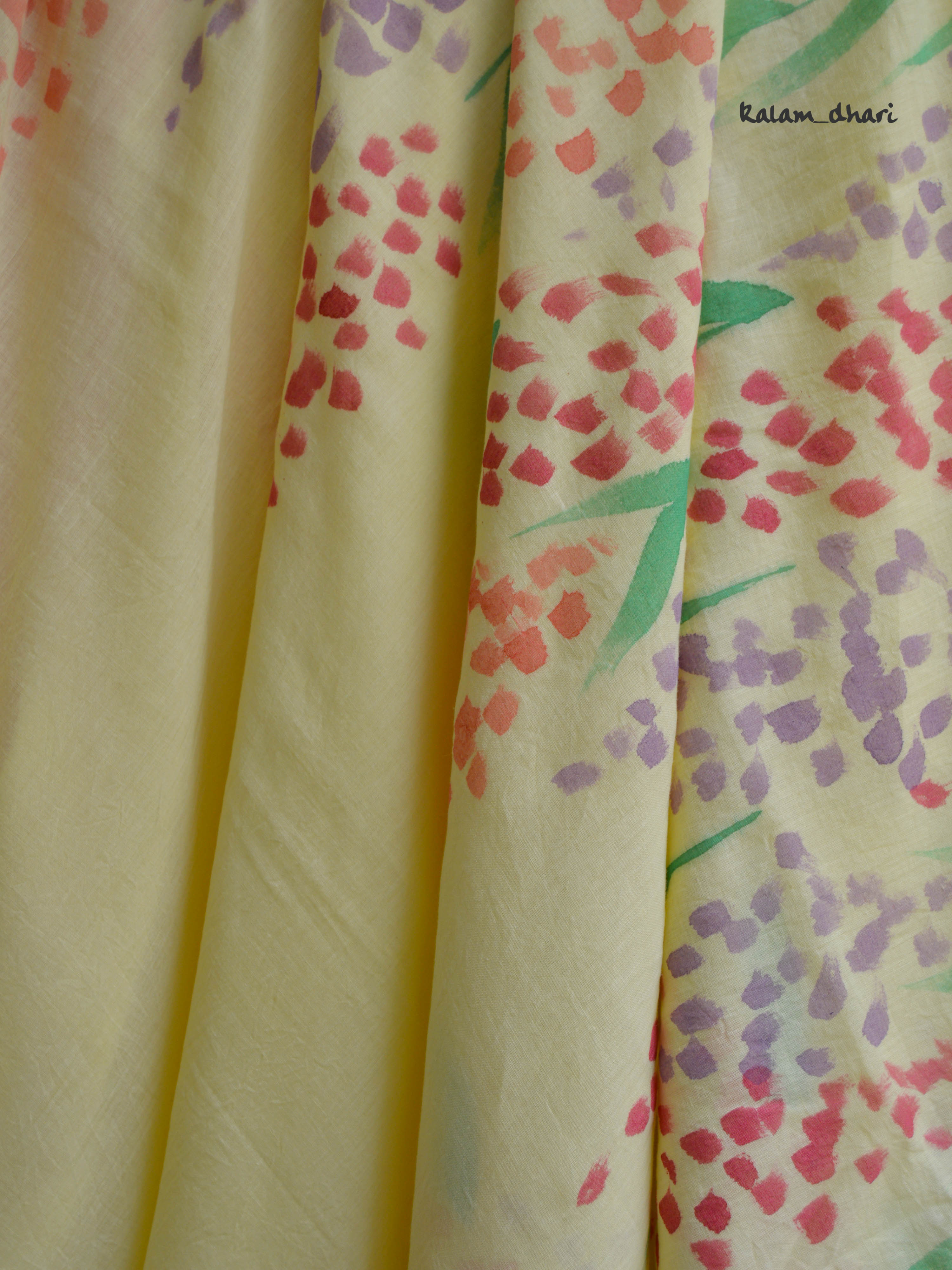 Delphi Painted Mul Cotton Saree- Yellow